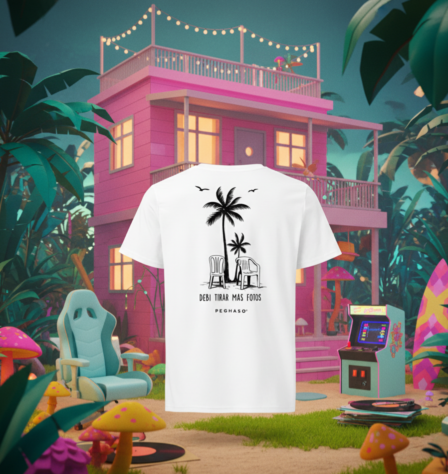 Camiseta blanca Peghaso con diseño de palmeras y frase Debí Tirar Más Fotos estilo Bad Bunny.