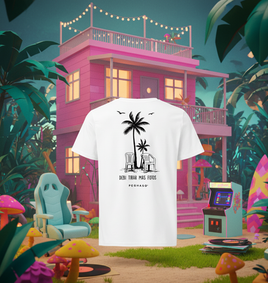 Camiseta blanca Peghaso con diseño de palmeras y frase Debí Tirar Más Fotos estilo Bad Bunny.