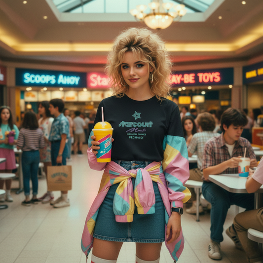Modelo vistiendo camiseta negra de mujer con logo Starcourt Mall de la serie Stranger Things, colección Hawkins Things de la marca PEGHASO.