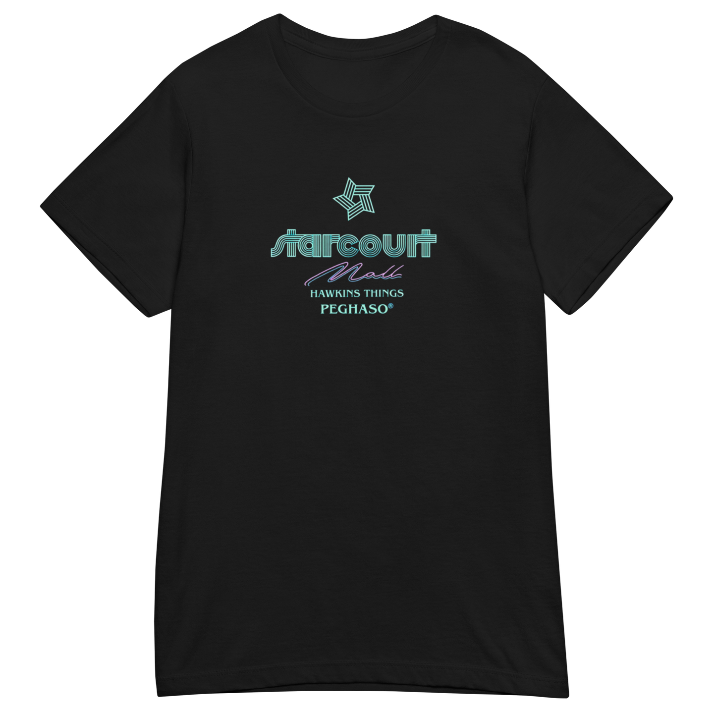 Modelo vistiendo camiseta negra de mujer con logo Starcourt Mall de la serie Stranger Things, colección Hawkins Things de la marca PEGHASO.