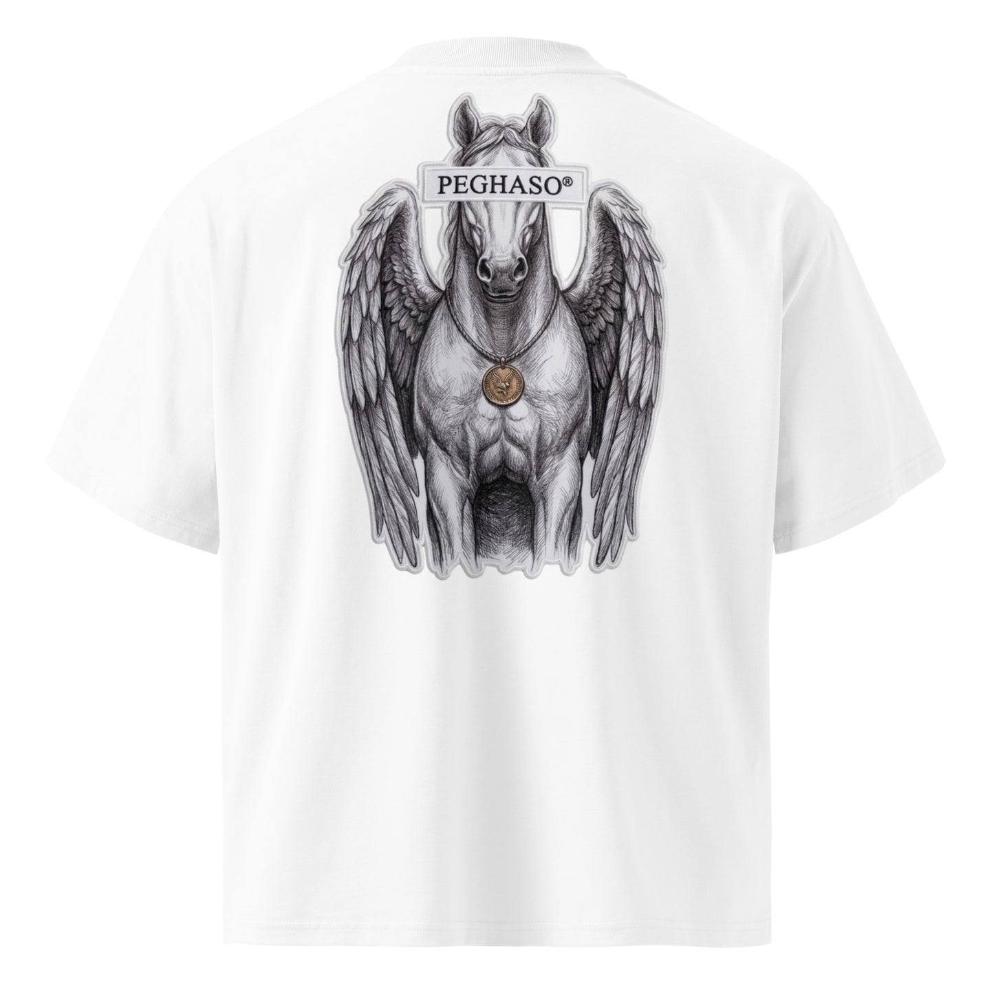 camiseta-oversize-lujo-blanca-diseño-pegaso-espalda-peghaso-premium corte Boxy Fit