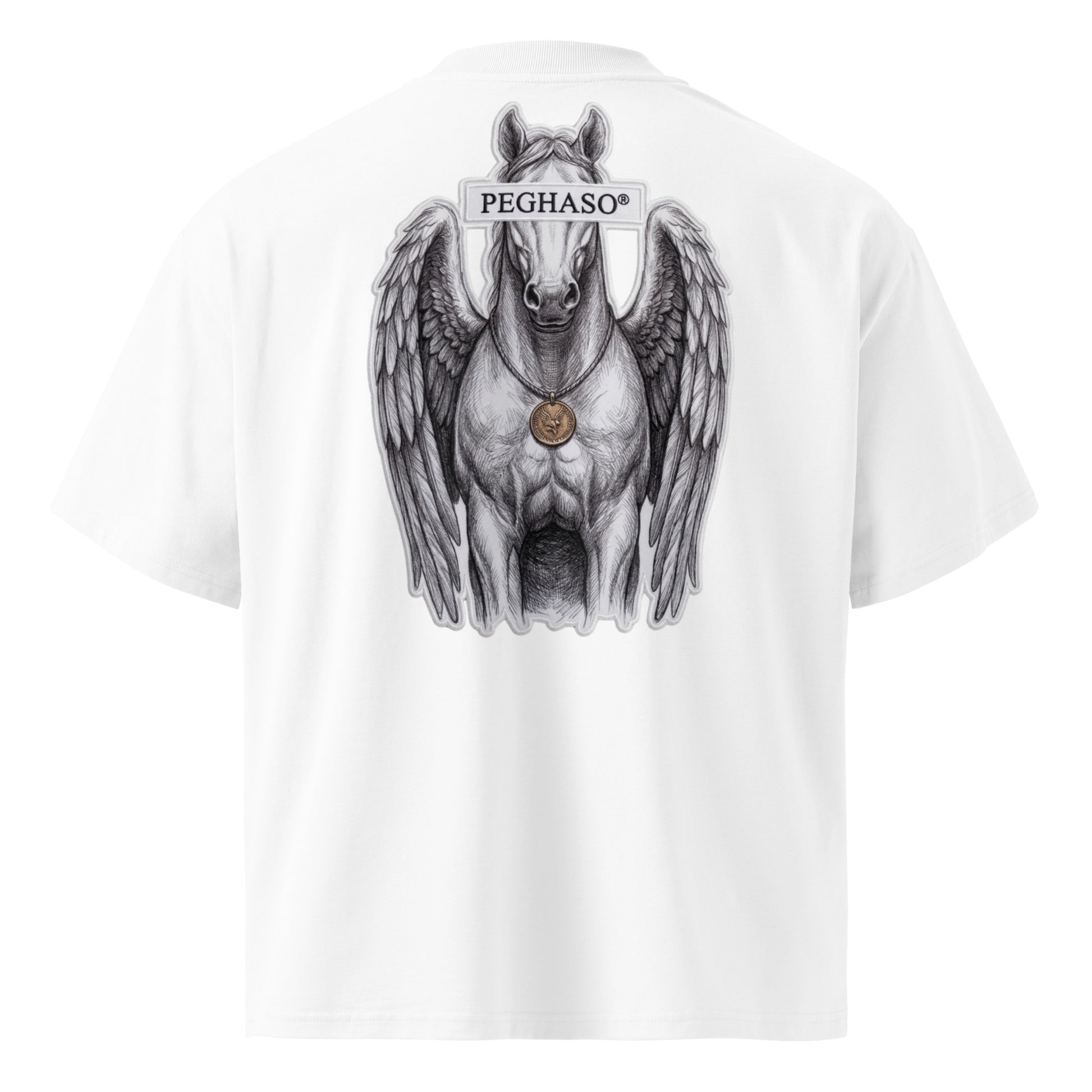 camiseta-oversize-lujo-blanca-diseño-pegaso-espalda-peghaso-premium corte Boxy Fit
