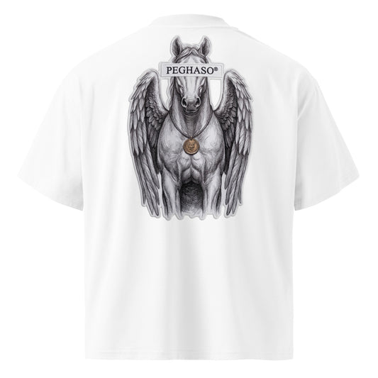 camiseta-oversize-lujo-blanca-diseño-pegaso-espalda-peghaso-premium corte Boxy Fit