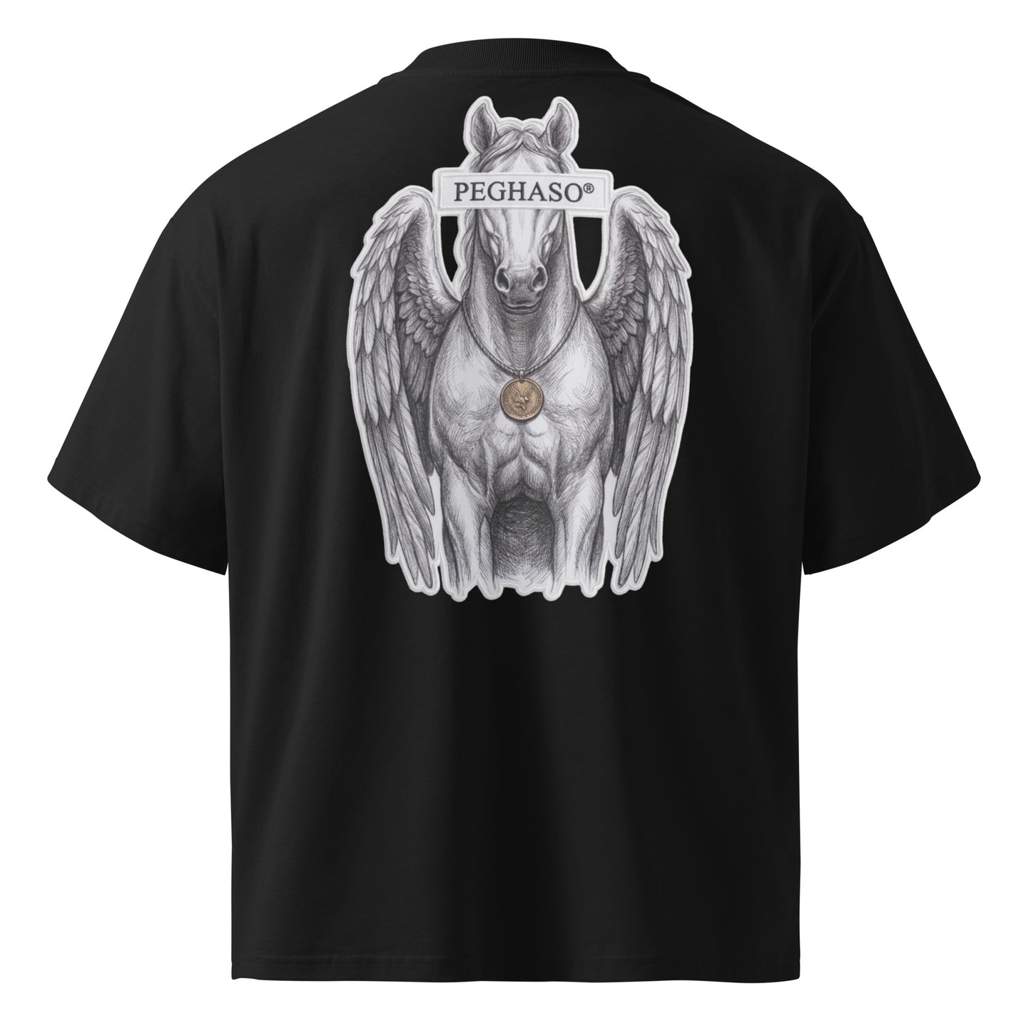 camiseta-oversize-lujo-negra-diseño-pegaso-espalda-peghaso-premium