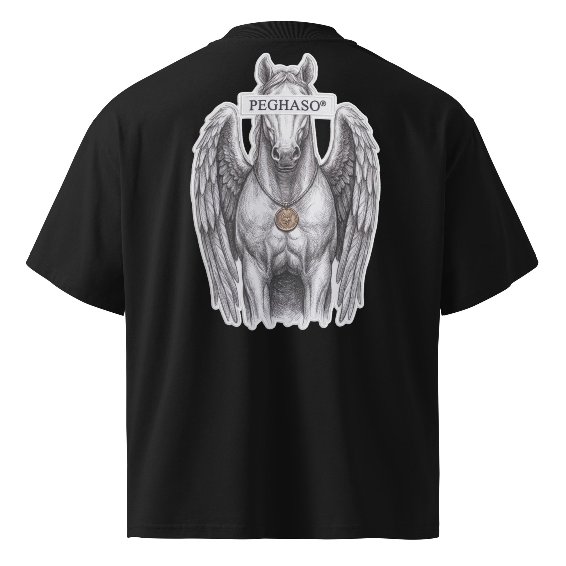 camiseta-oversize-lujo-negra-diseño-pegaso-espalda-peghaso-premium