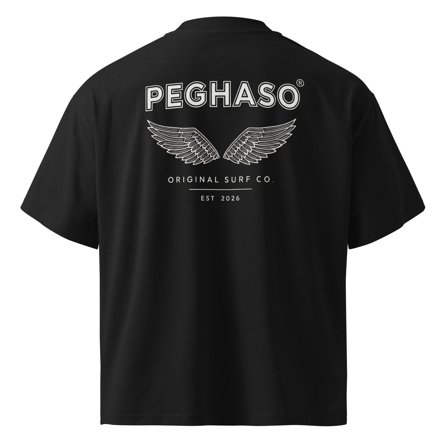 Camiseta oversize negra con diseño gráfico circular retro de Original Surf Co por la espalda PEGHASO corte Boxy Fit