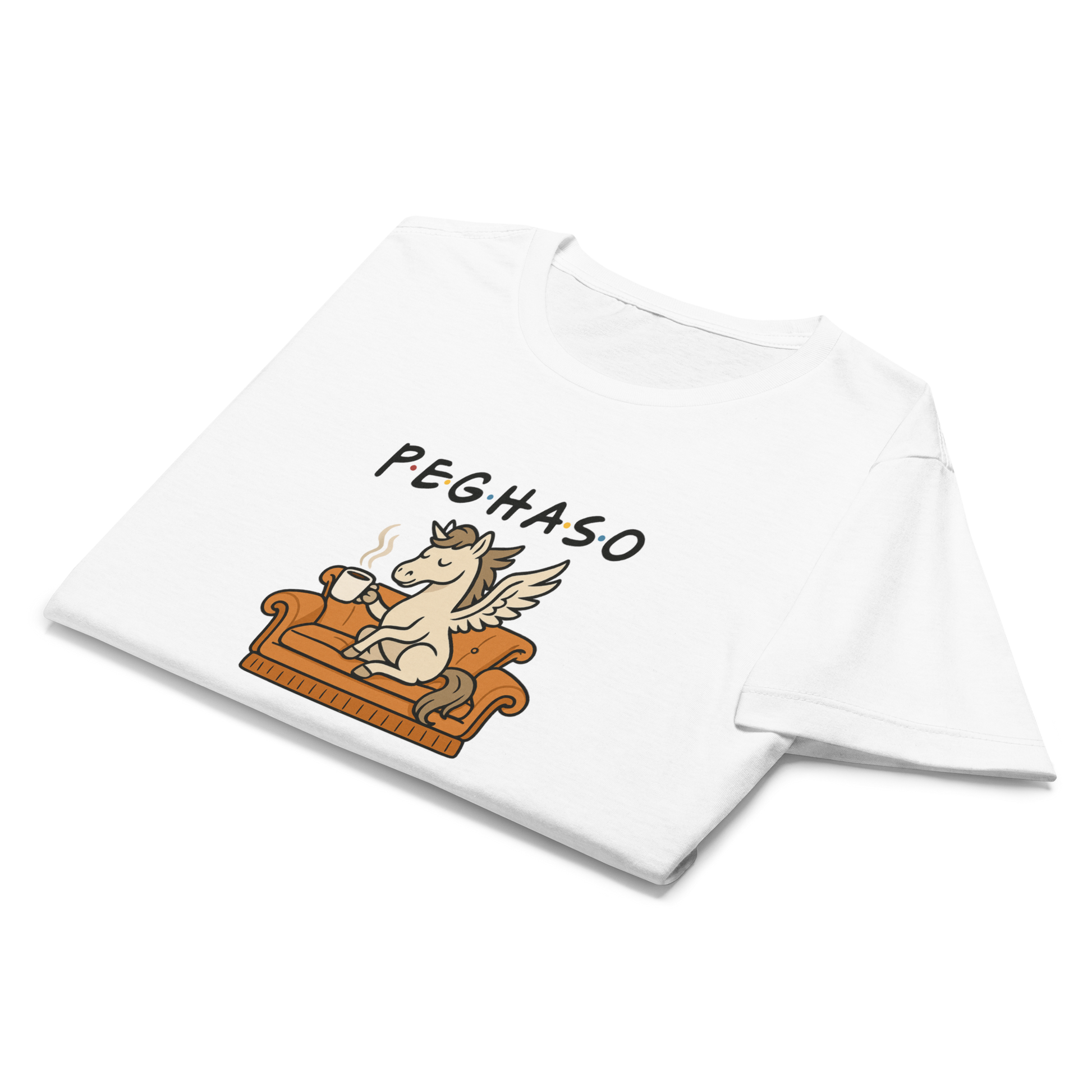 Camiseta blanca de mujer inspirada en la serie Friends con dibujo de pegaso en el sofá de Central Perk PEGHASO