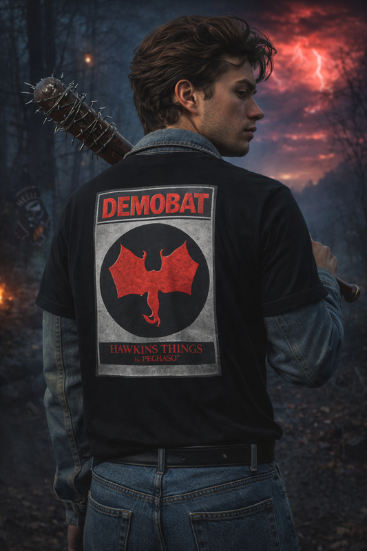 Diseño espalda Demobat Stranger Things estilo póster retro rojo y negro. CAMISETA DEMOBAT STRANGER TTHINGS