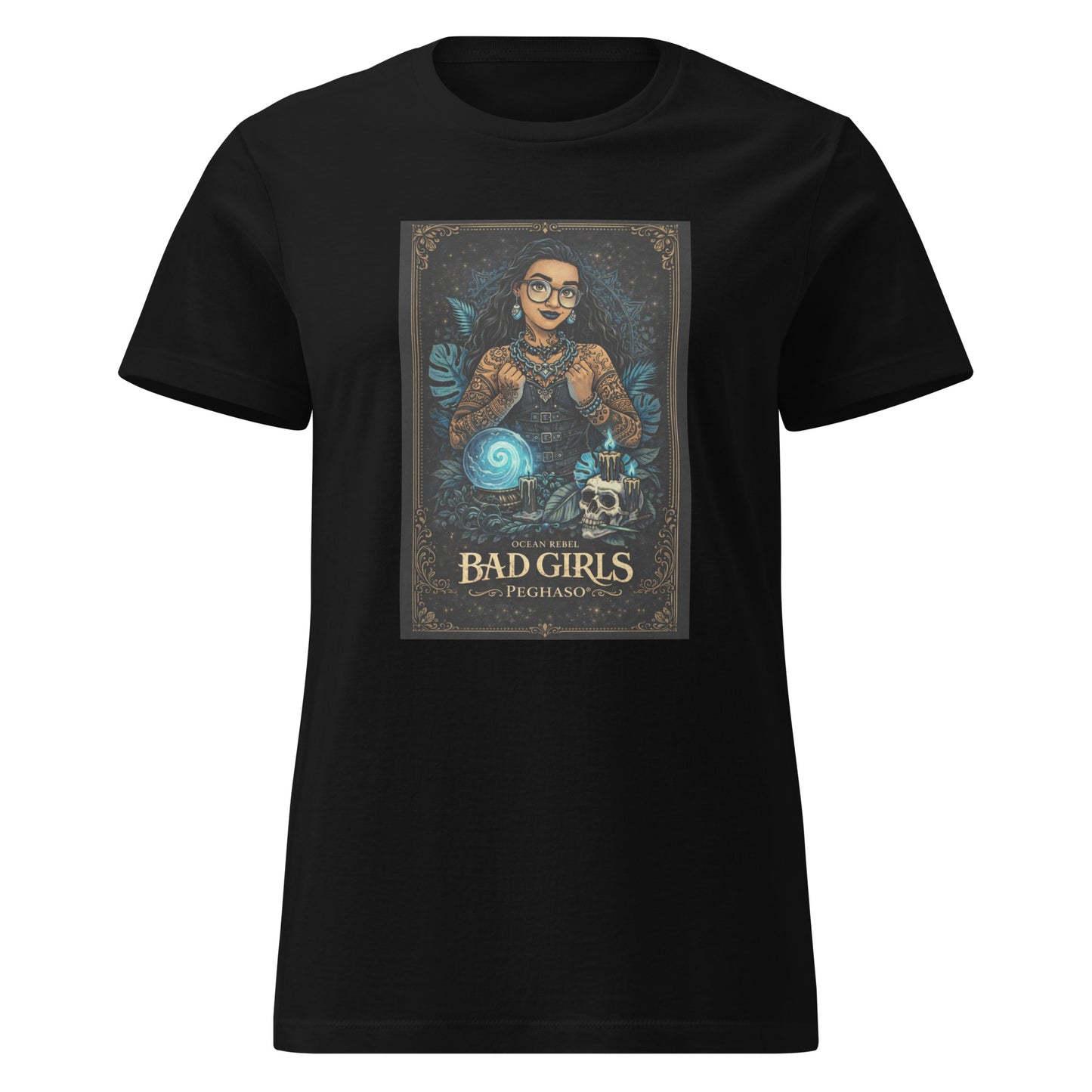 Camiseta negra mujer Moana tatuada con anzuelo de Maui estilo guerrera polinesia colección Bad Girls Peghaso.