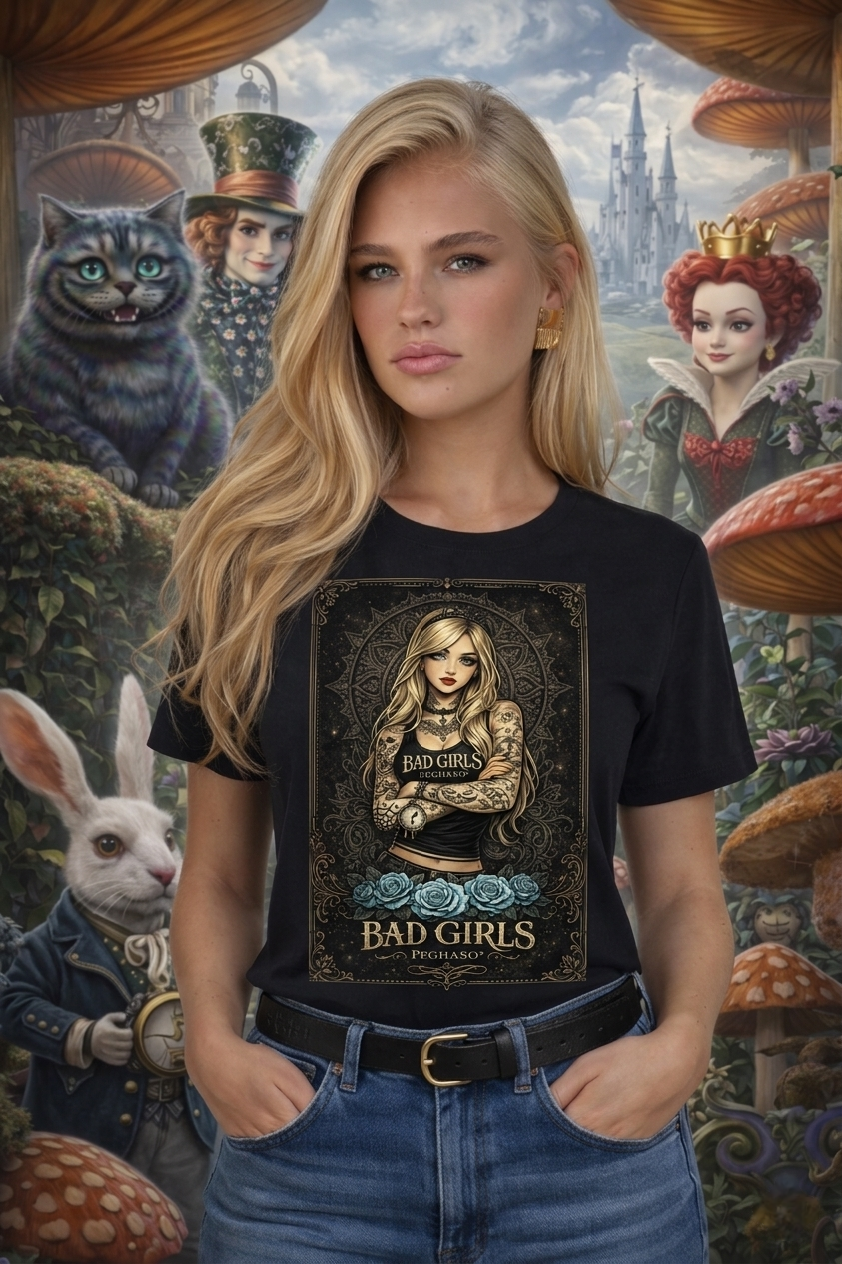 Camiseta negra mujer Alicia en el país de las maravillas tatuada con rosas azules estilo rebelde colección Bad Girls marca de lujo premium Peghaso