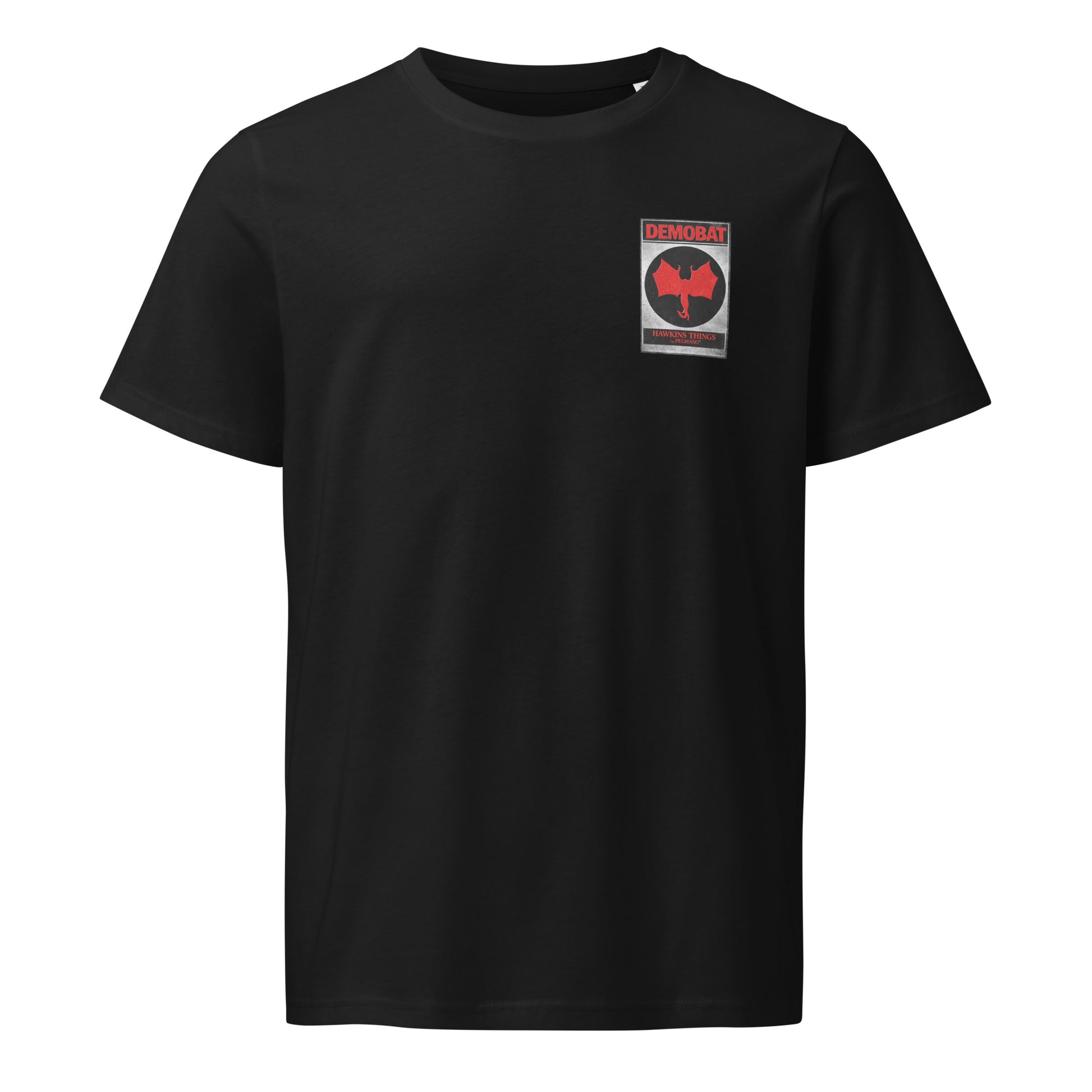 Camiseta negra Demobat logo pecho colección Hawkins Things Peghaso.