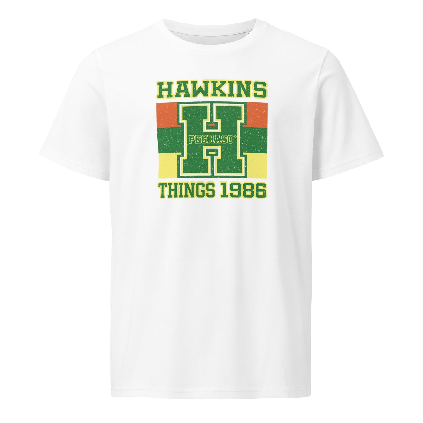 Camiseta blanca Peghaso diseño Hawkins Things 1986 estilo universitario vintage.