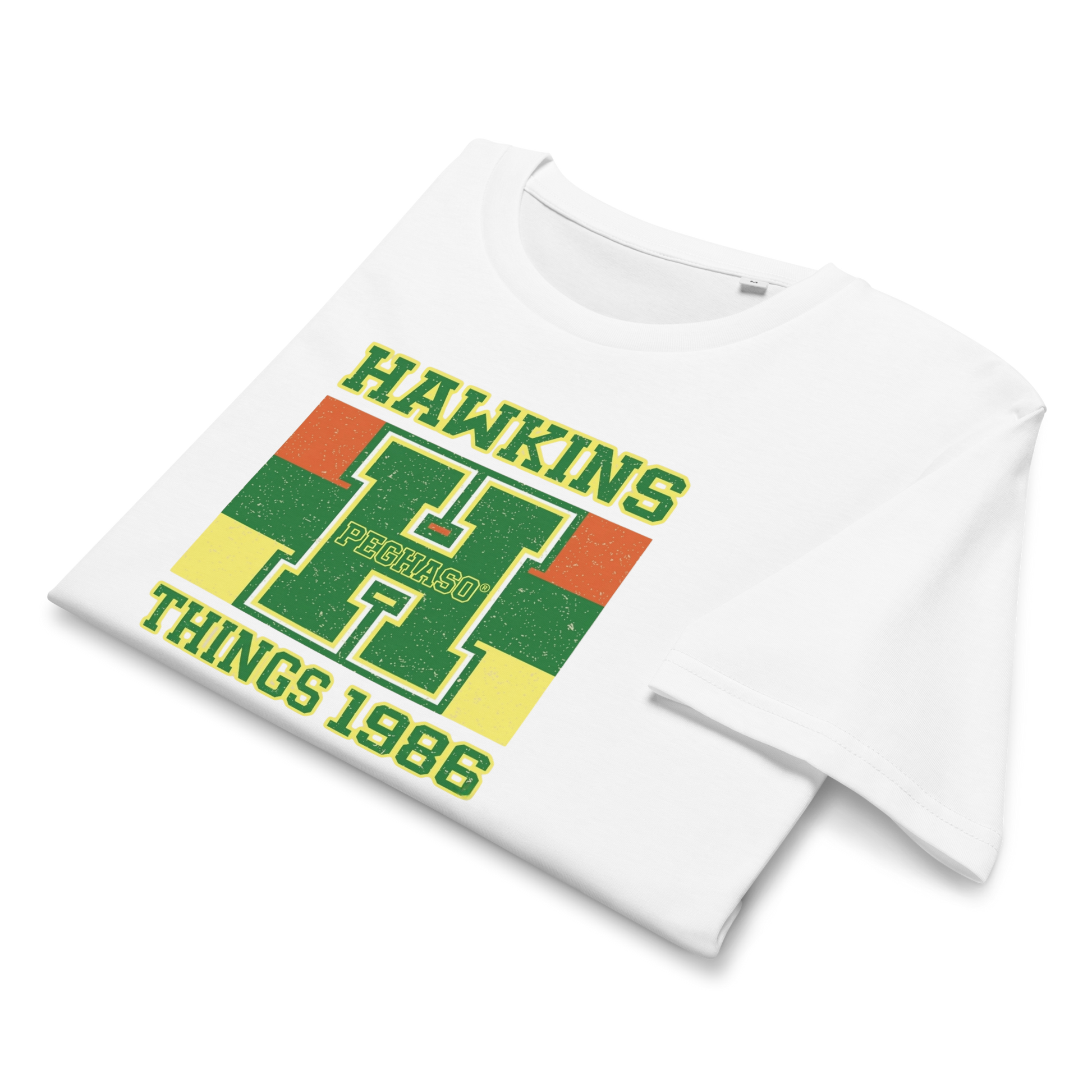 Camiseta blanca Peghaso diseño Hawkins Things 1986 estilo universitario vintage.