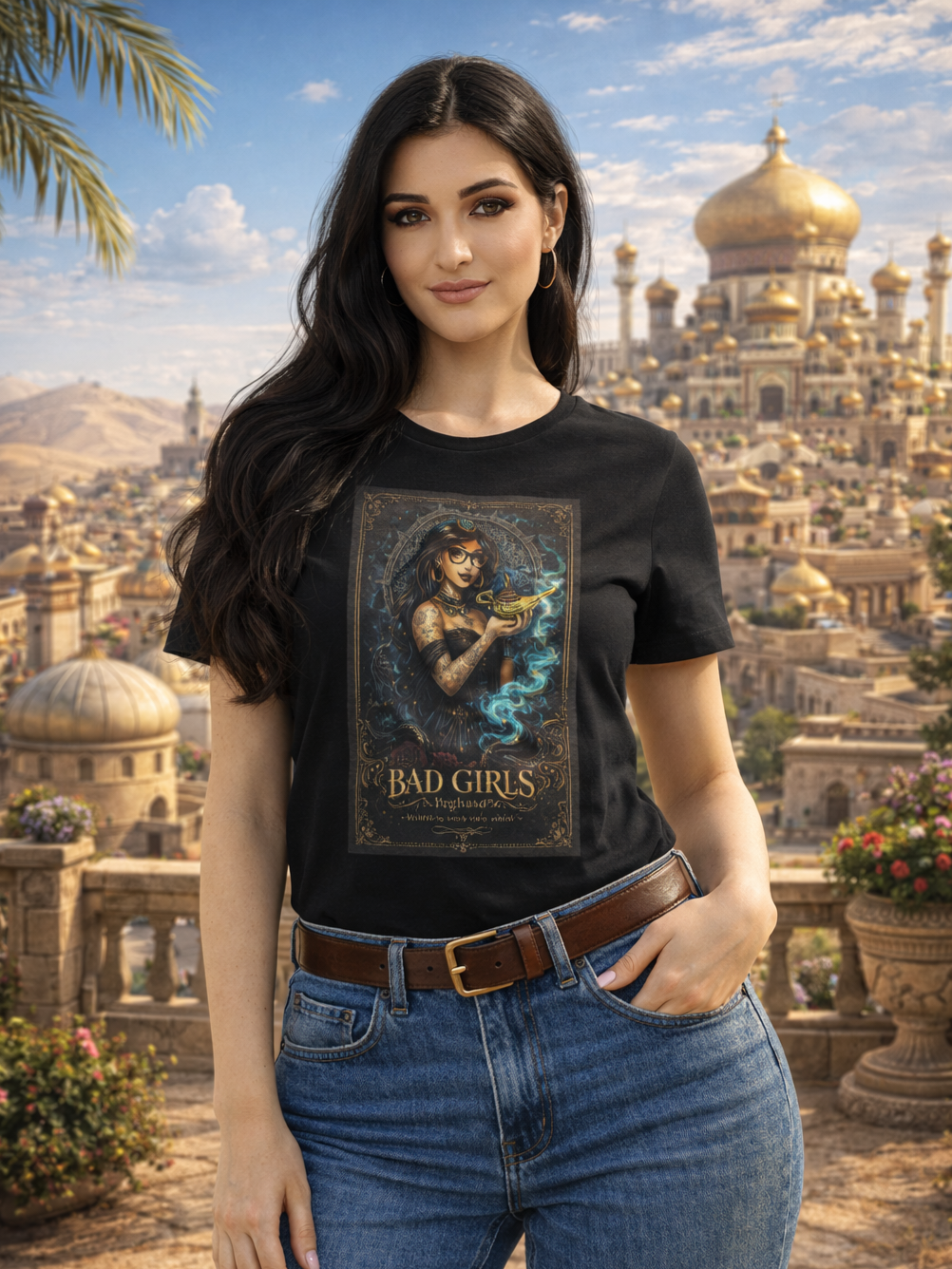 Camiseta de la princesa Jasmine de Disney con tatuajes y lámpara mágica, diseño artístico alternativo para la colección Bad Girls de Peghaso.