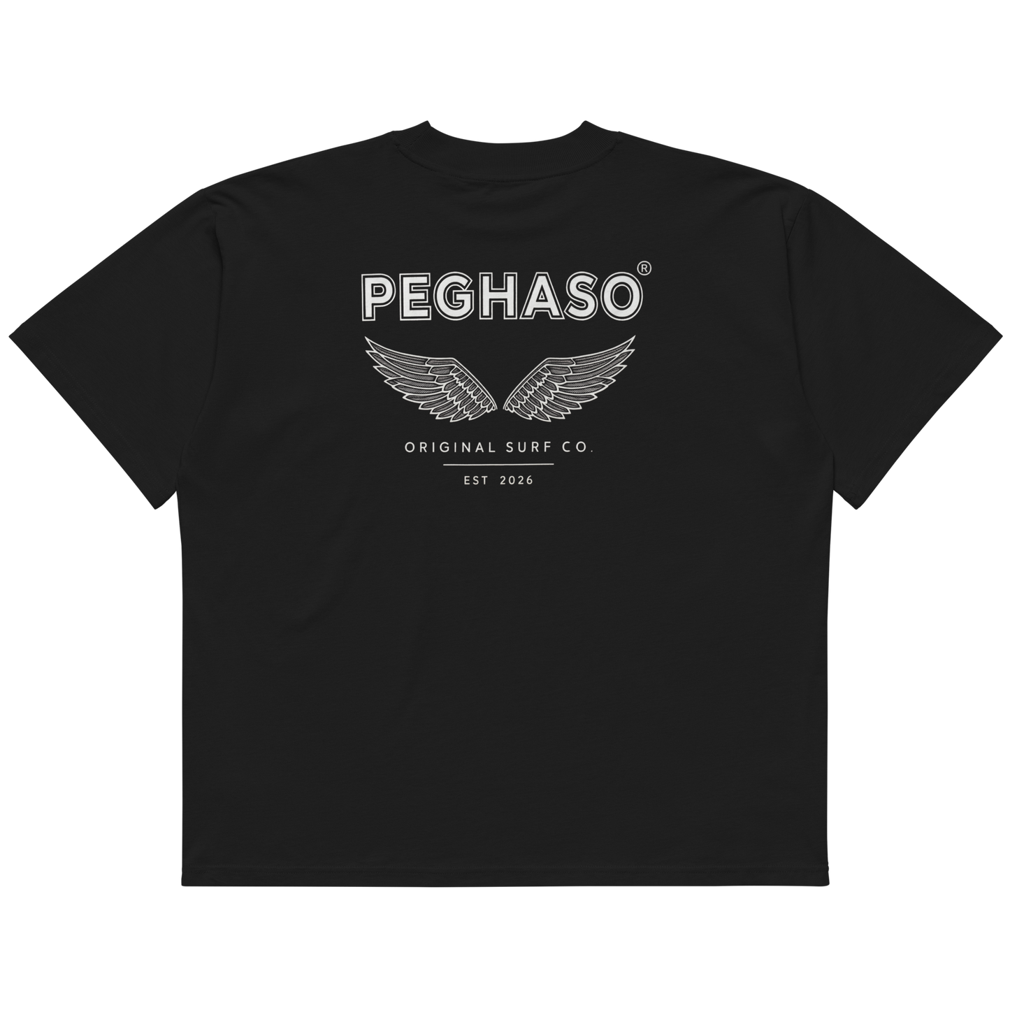 Detalle de estampado de alta definición en tonos pastel sobre camiseta negra de alto gramaje PEGHASO