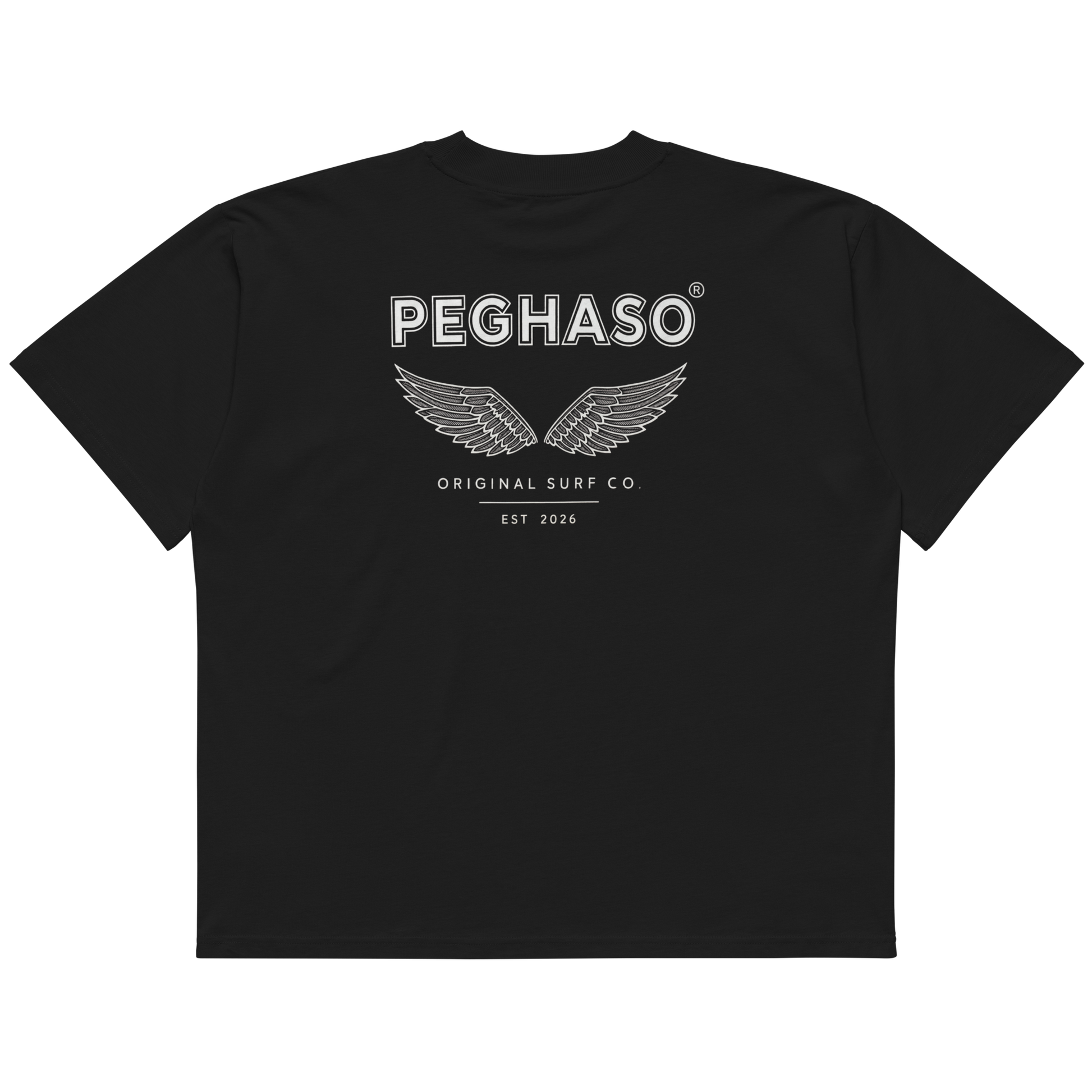 Detalle de estampado de alta definición en tonos pastel sobre camiseta negra de alto gramaje PEGHASO