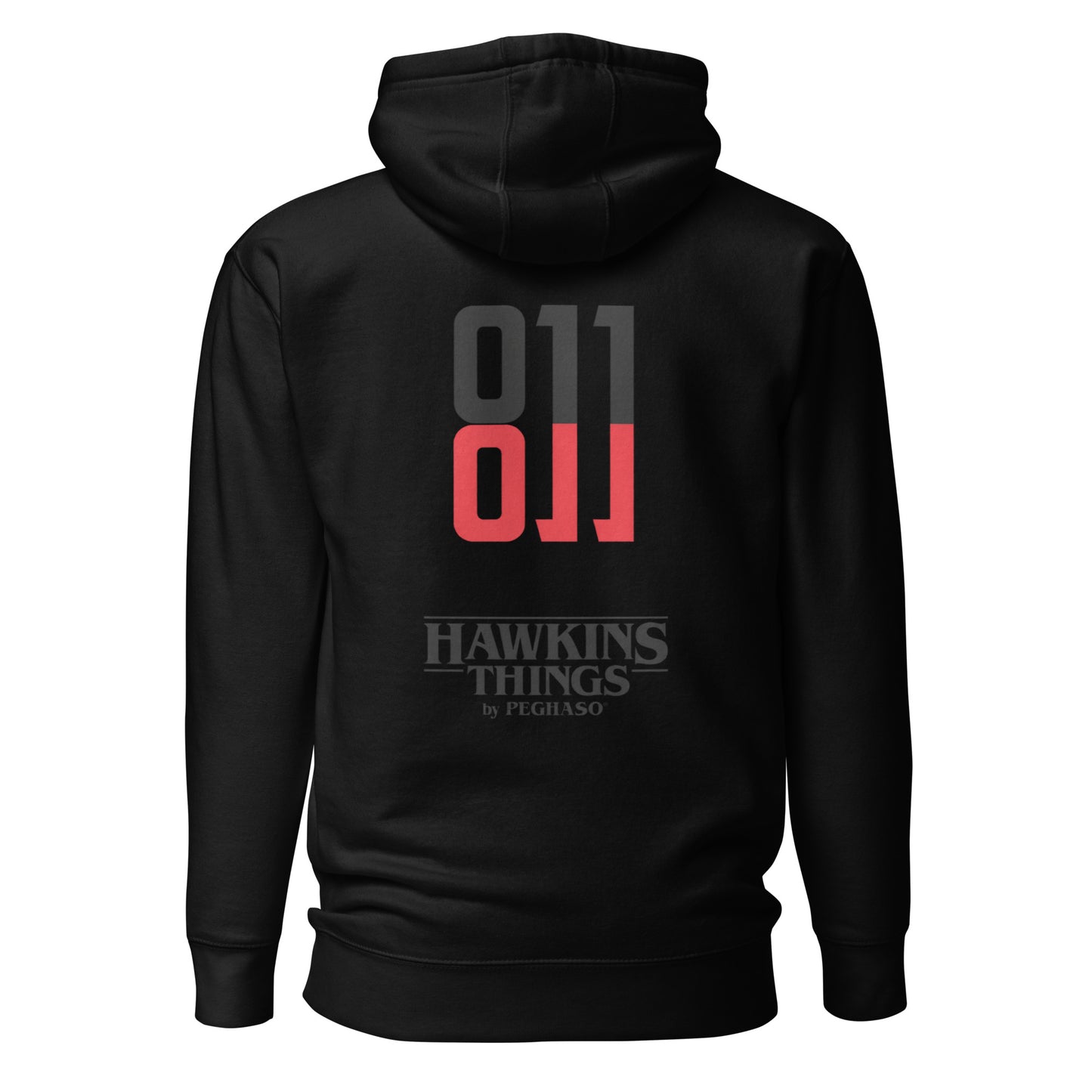 Sudadera con capucha negra 011 con logo rojo inspirada en Once de Stranger Things.