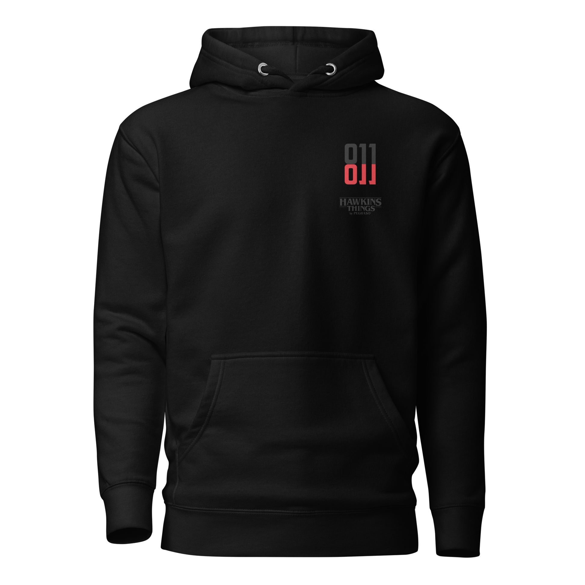 Sudadera con capucha negra 011 con logo rojo inspirada en Once de Stranger Things.