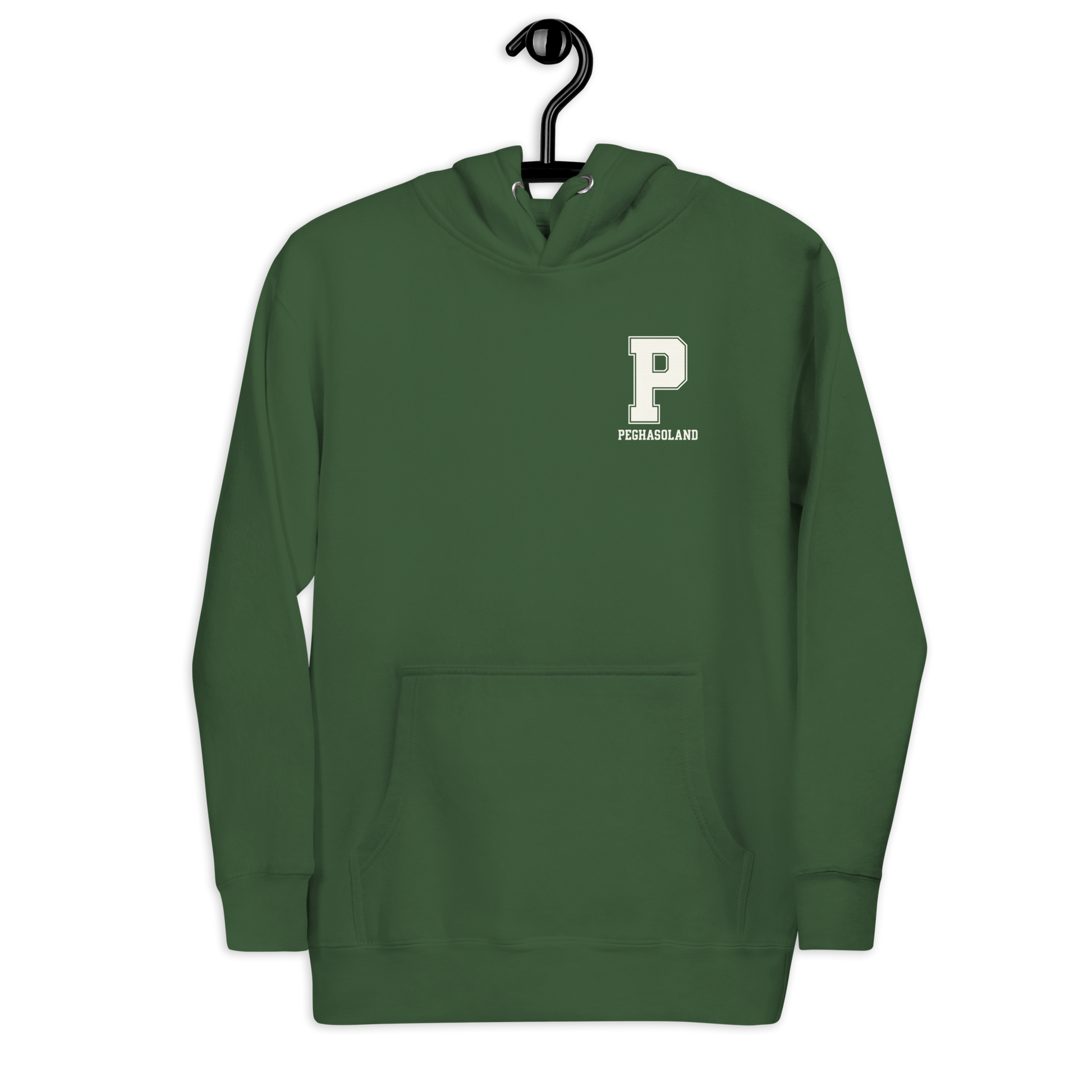 Sudadera con capucha premium PEGHASOLAND negra con logo "P" universitario en el pecho.