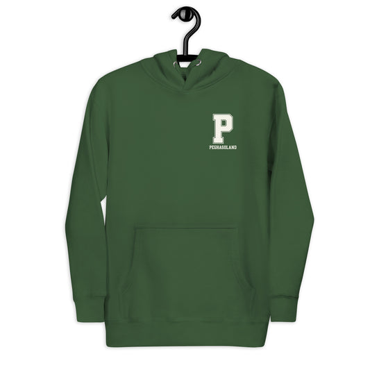 Sudadera con capucha premium PEGHASOLAND negra con logo "P" universitario en el pecho.