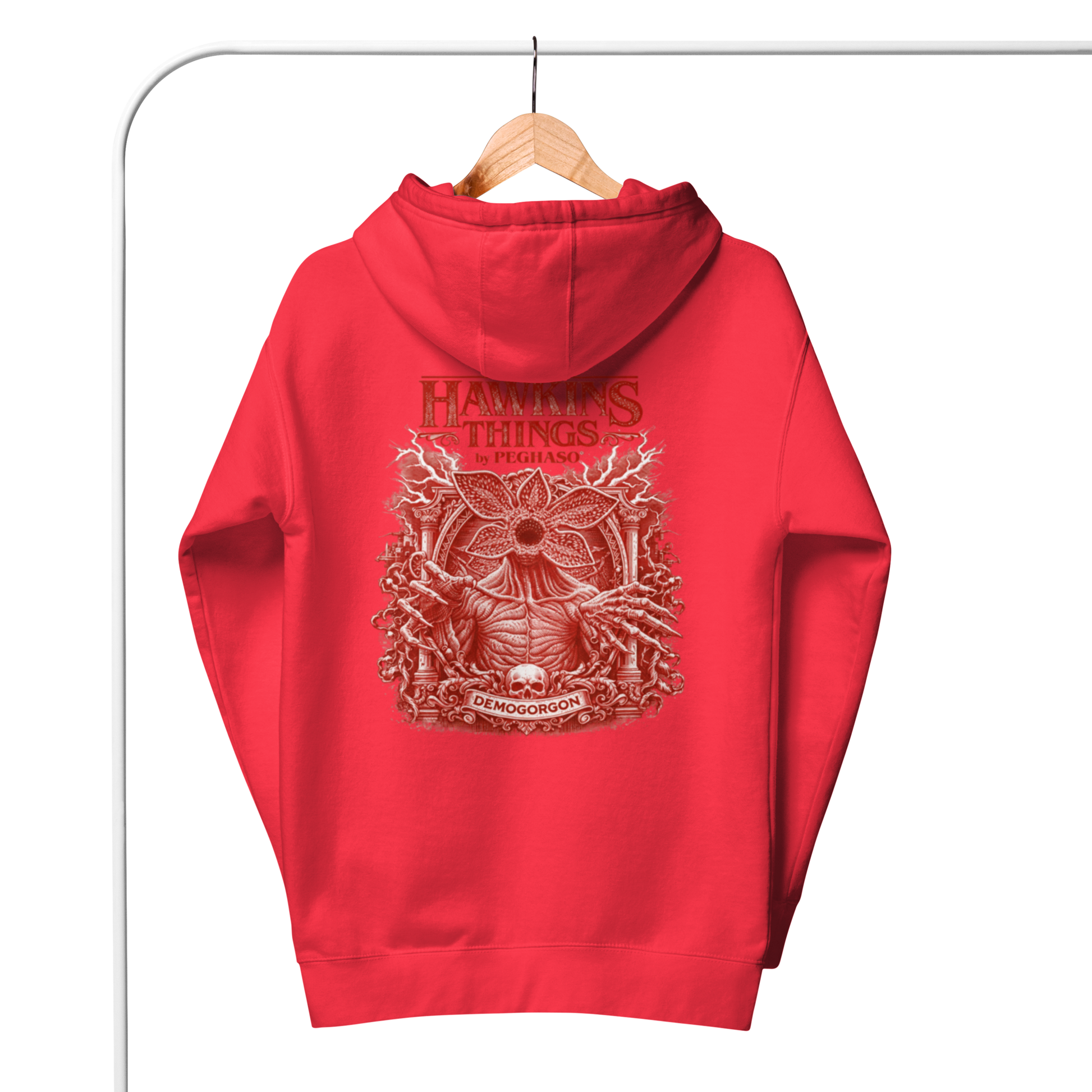Sudadera roja premium con diseño artístico del Demogorgon de Stranger Things Peghaso