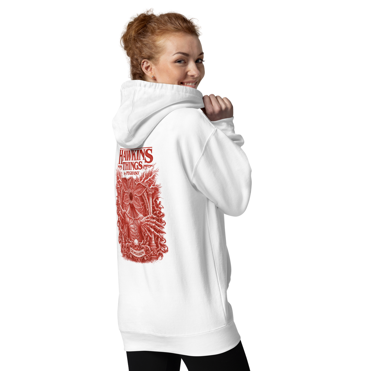 Sudadera blanca premium con diseño artístico del Demogorgon de Stranger Things Peghaso. hoodie stranger things.