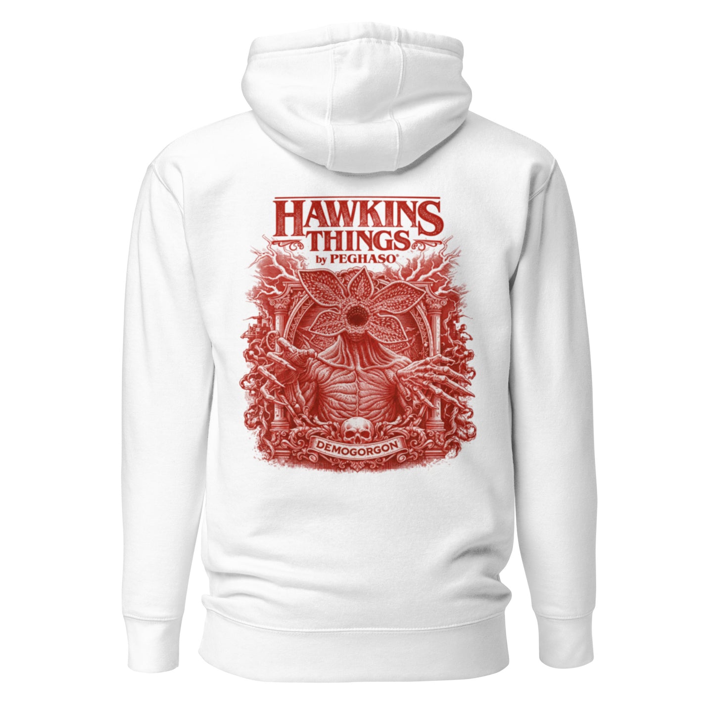 Sudadera blanca premium con diseño artístico del Demogorgon de Stranger Things Peghaso. hoodie stranger things.