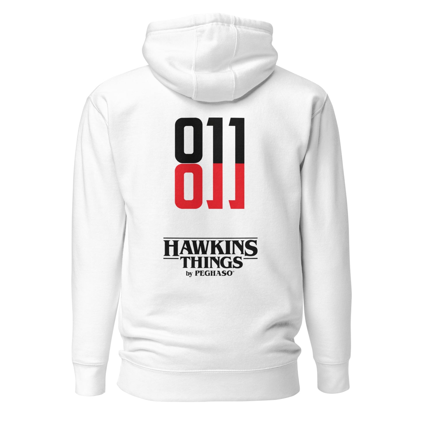 Sudadera con capucha blanca 011 con logo rojo inspirada en Once de Stranger Things.