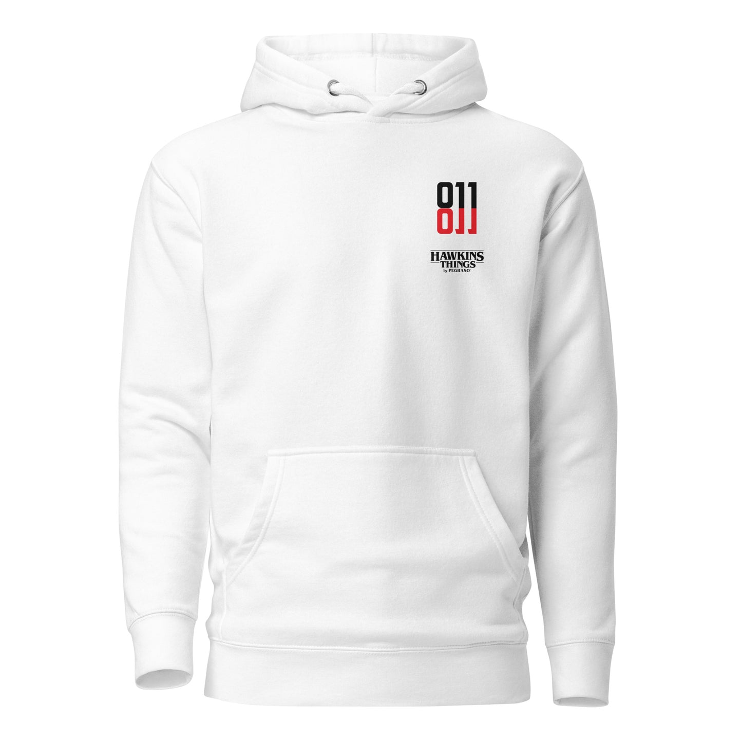 Sudadera con capucha blanca 011 con logo rojo inspirada en Once de Stranger Things.