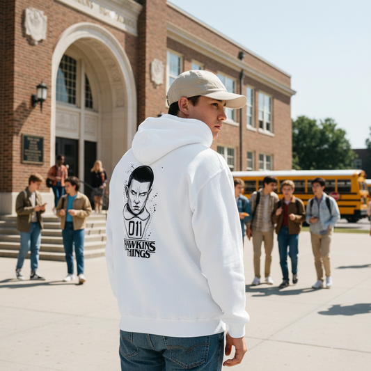 Sudadera con capucha blanca 011 de Once Stranger Things colección Hawkins Things PEGHASO