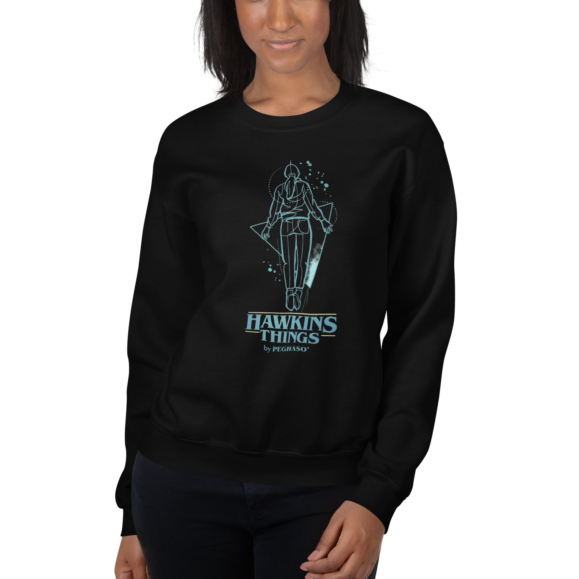 Sudadera negra Max's Flight colección Hawking Things marca PEGHASO inspirada en STRENGER THINGS. SUDADERA STRANGER THINGS MAX