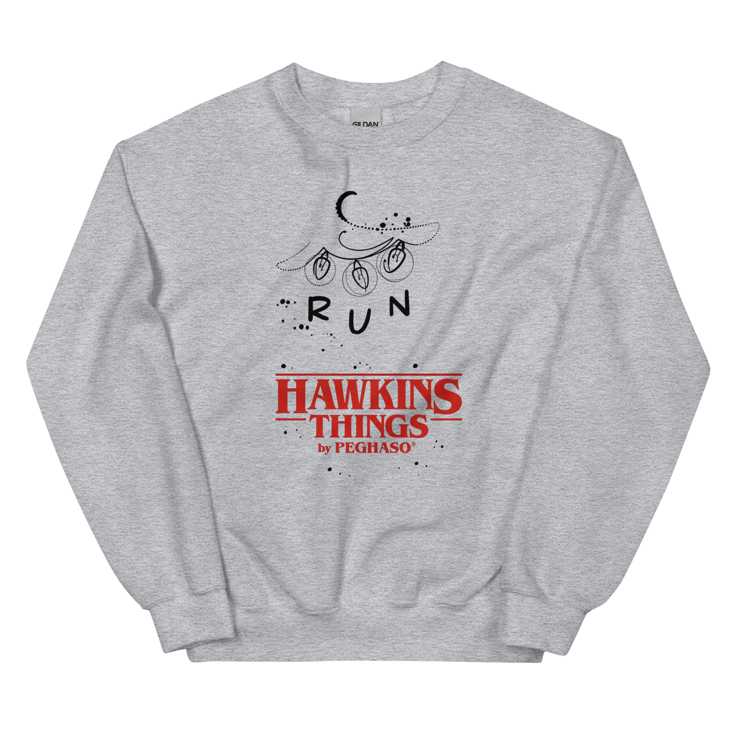 Sudadera luces Navidad Stranger Things diseño RUN con guirnalda y luna creciente.