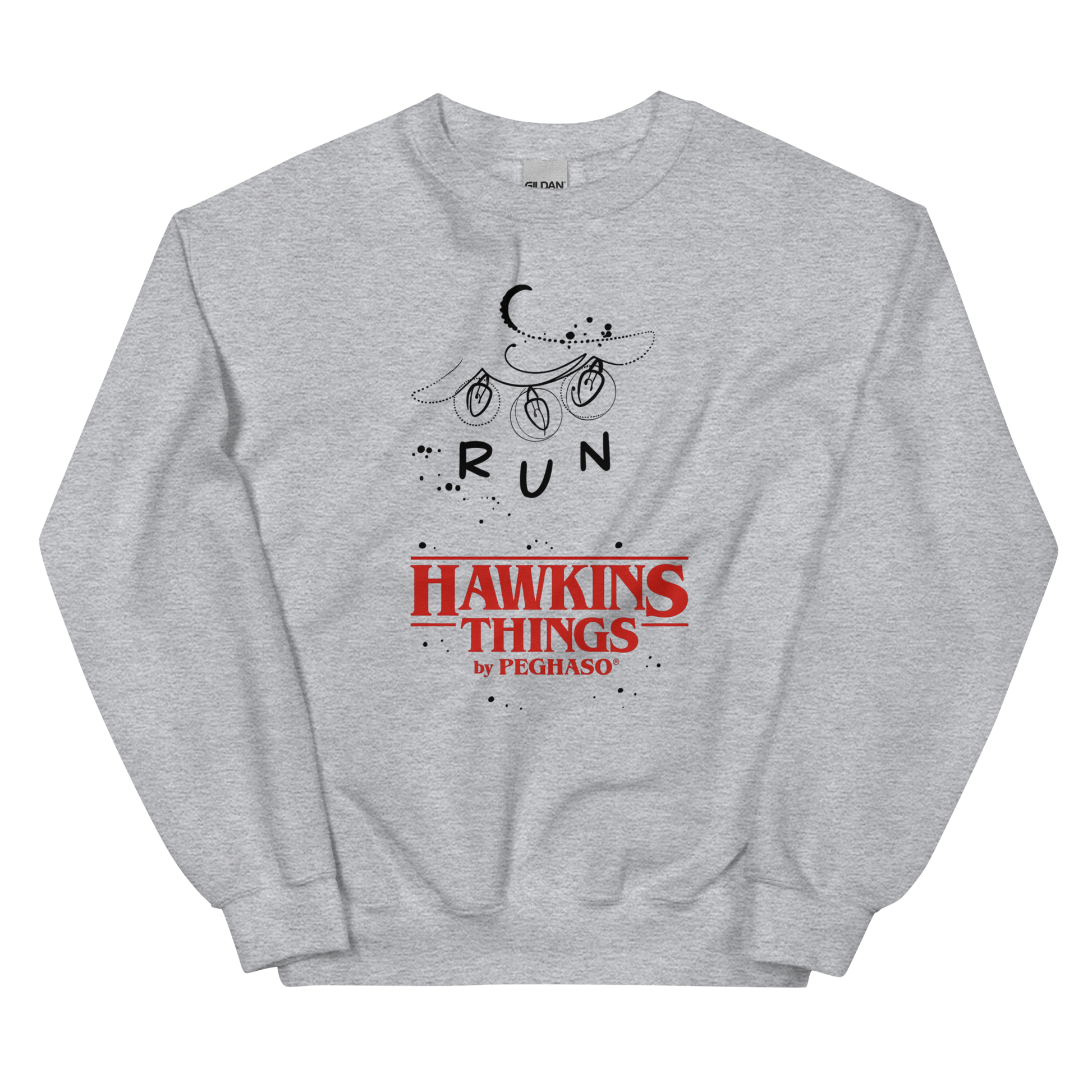 Sudadera luces Navidad Stranger Things diseño RUN con guirnalda y luna creciente.