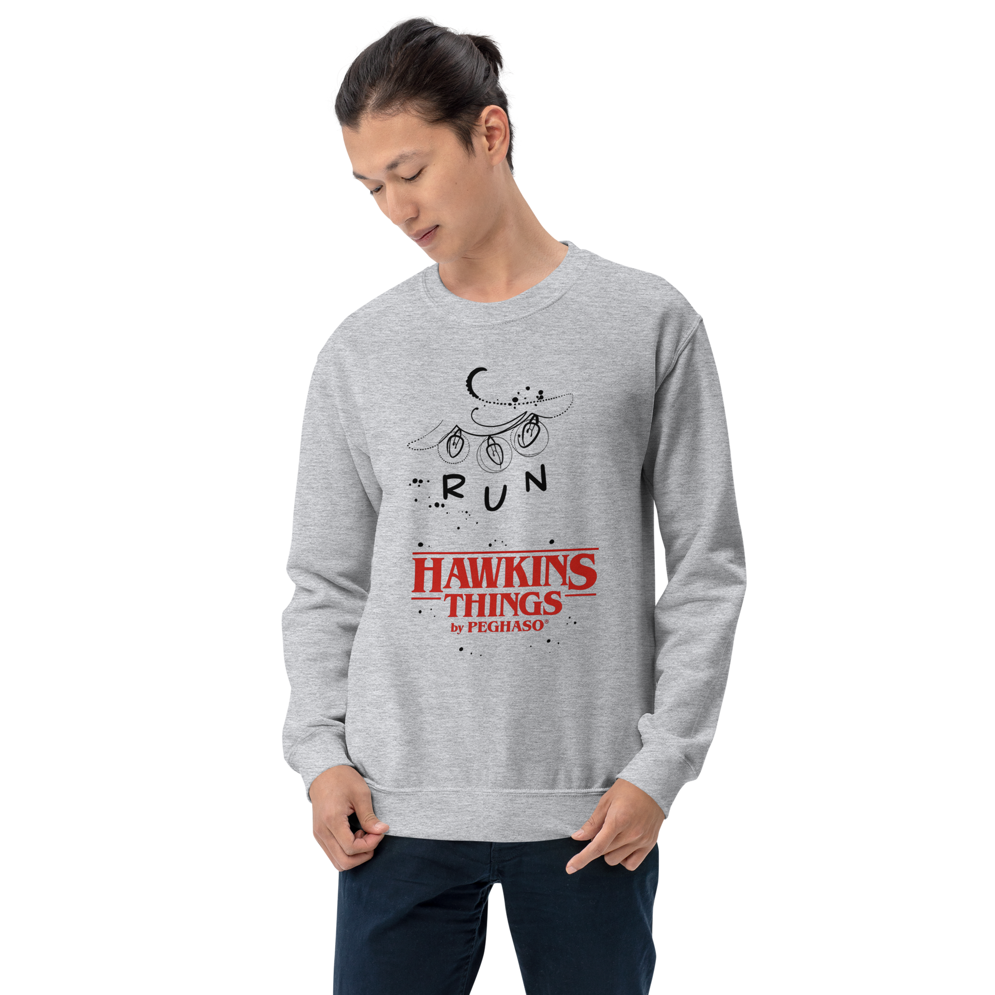 Sudadera Stranger Things luces RUN diseño retro inspirado en la serie color gris.,