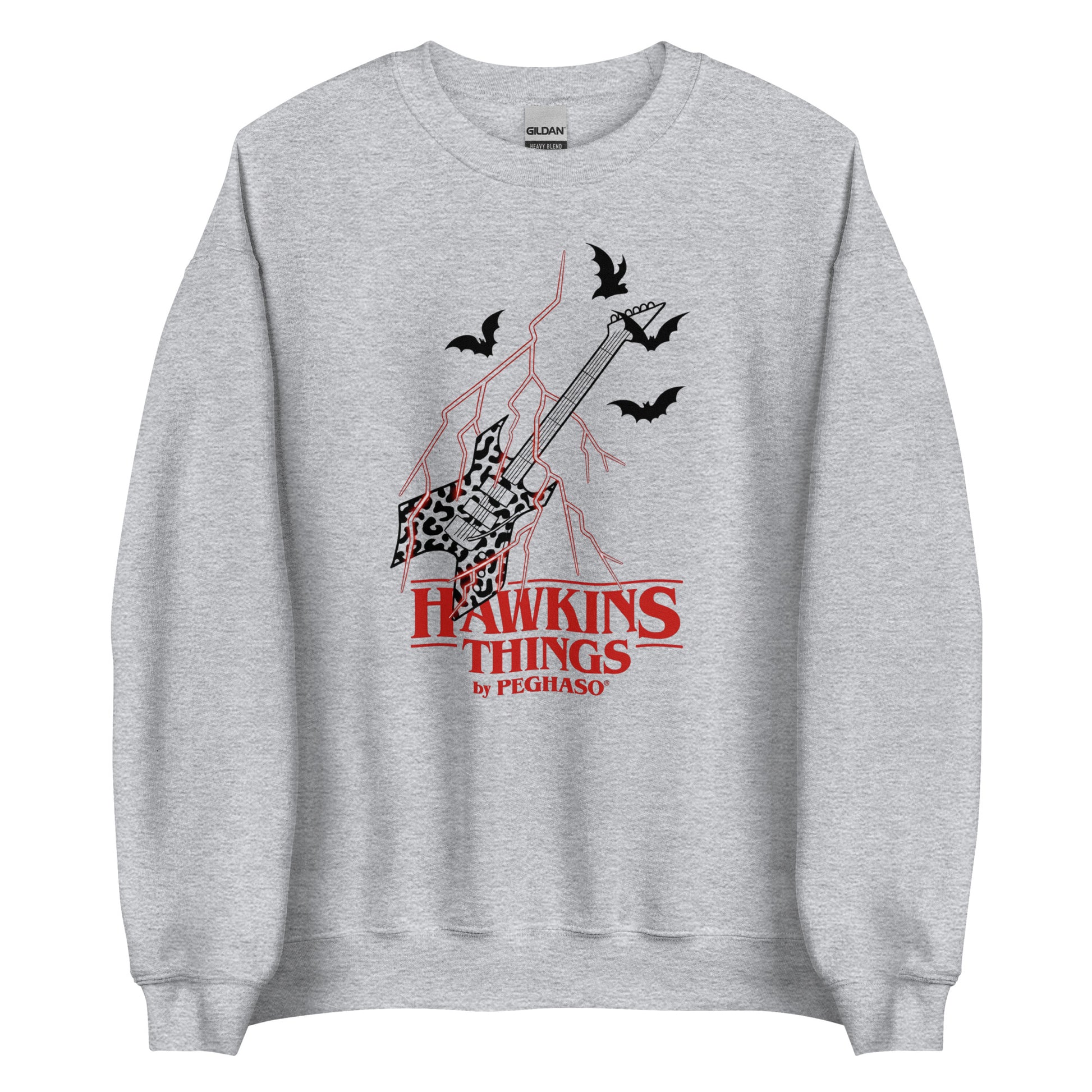 Sudadera blanca con diseño de guitarra de Eddie Munson y rayos, colección Hawkins Things de PEGHASO. Sudadera Eddie Munson de Stranger things