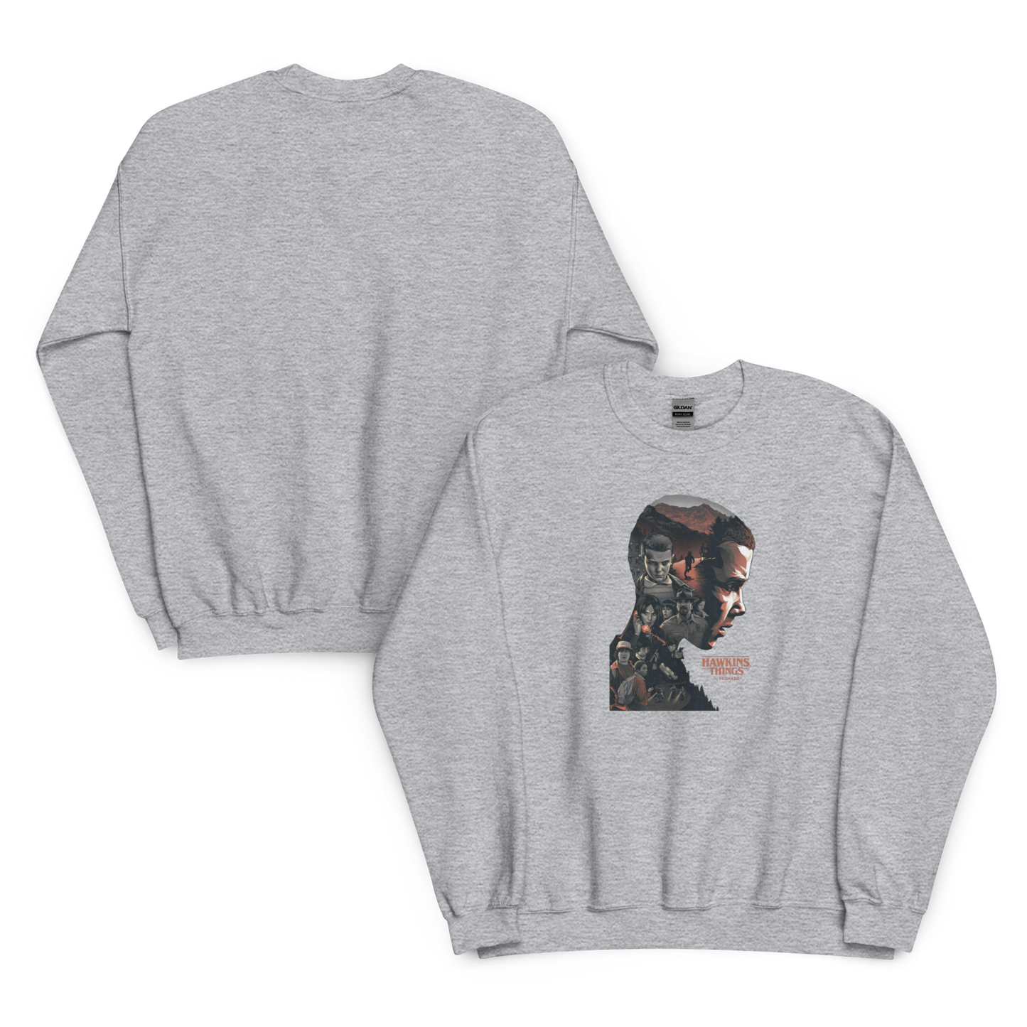 Prenda sudadera gris blanca premium 011 Once Eleven Stranger things de la colección Hawkins Things by PEGHASO.