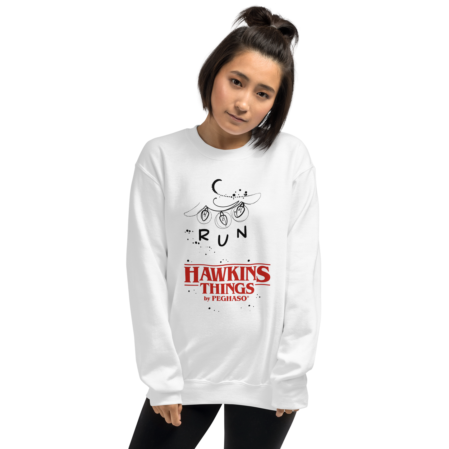 Sudadera Stranger Things luces RUN diseño retro inspirado en la serie color blanco. Sudadera marca de lujo PEGHASO