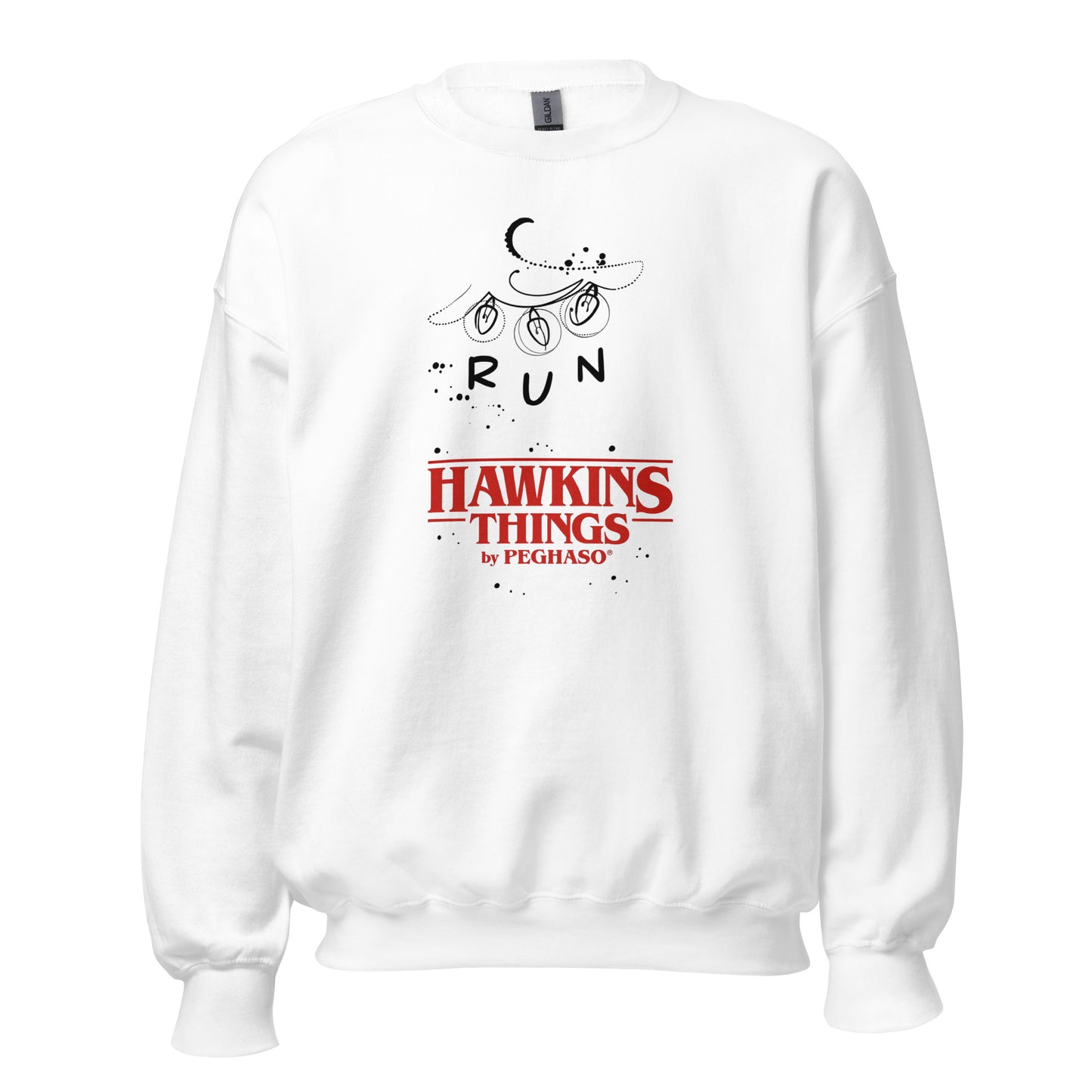 Sudadera Stranger Things luces RUN diseño retro inspirado en la serie color blanco.