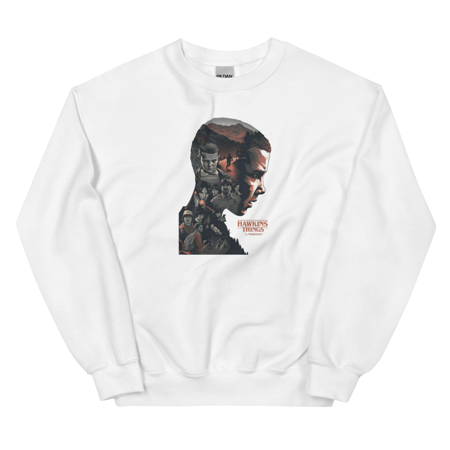 Prenda sudadera gris blanca premium 011 Once Eleven Stranger things de la colección Hawkins Things by PEGHASO.