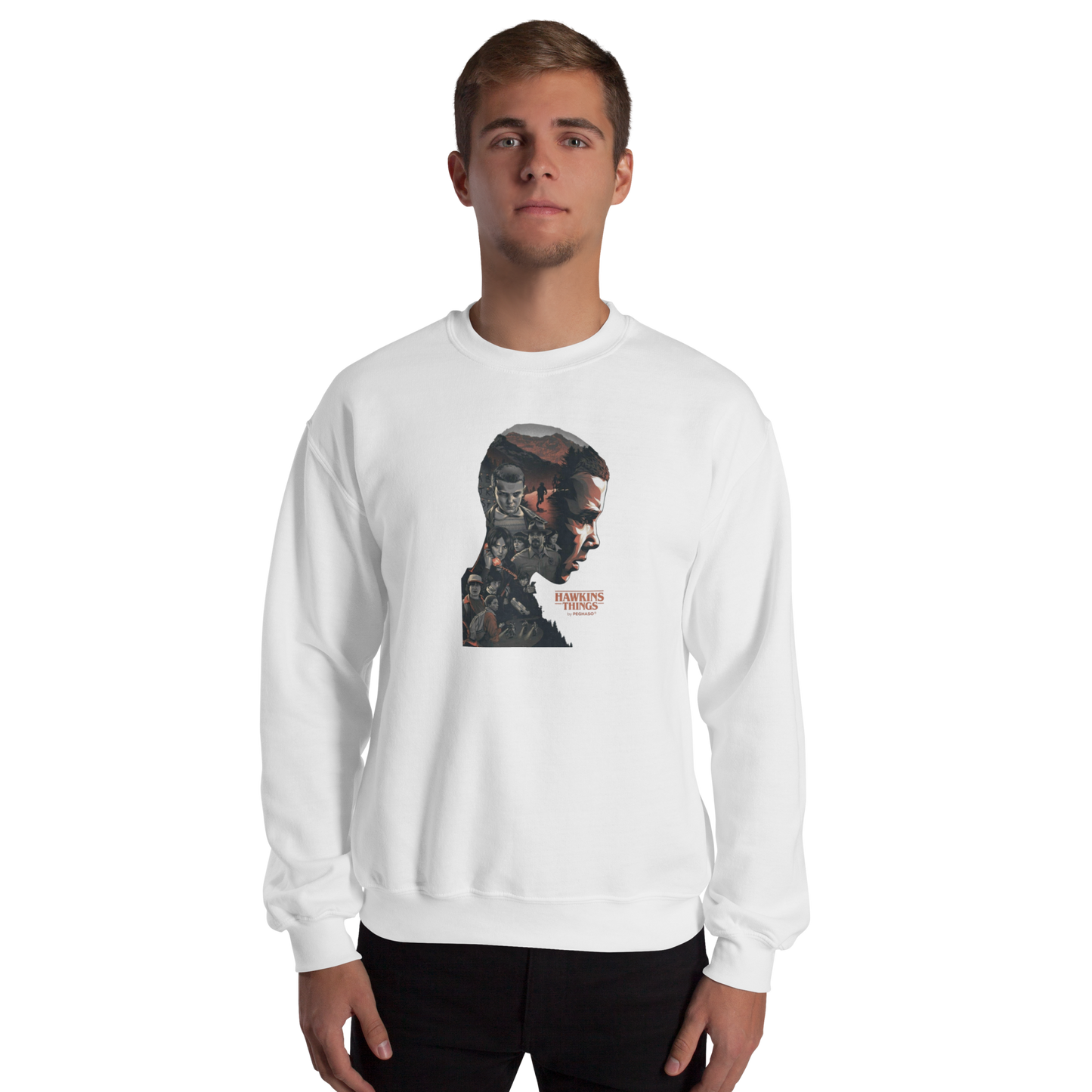 Prenda sudadera gris blanca premium 011 Once Eleven Stranger things de la colección Hawkins Things by PEGHASO.