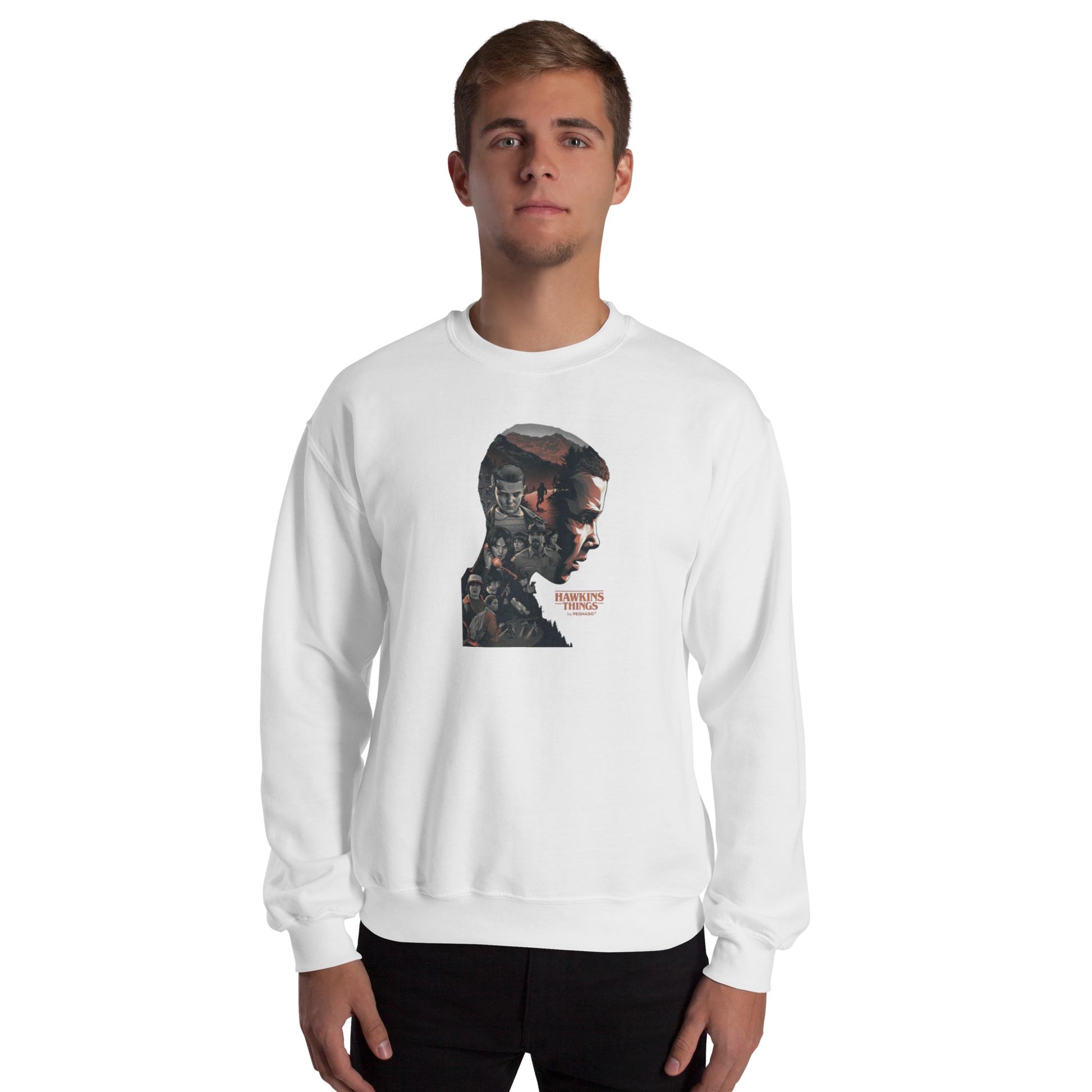Prenda sudadera gris blanca premium 011 Once Eleven Stranger things de la colección Hawkins Things by PEGHASO.