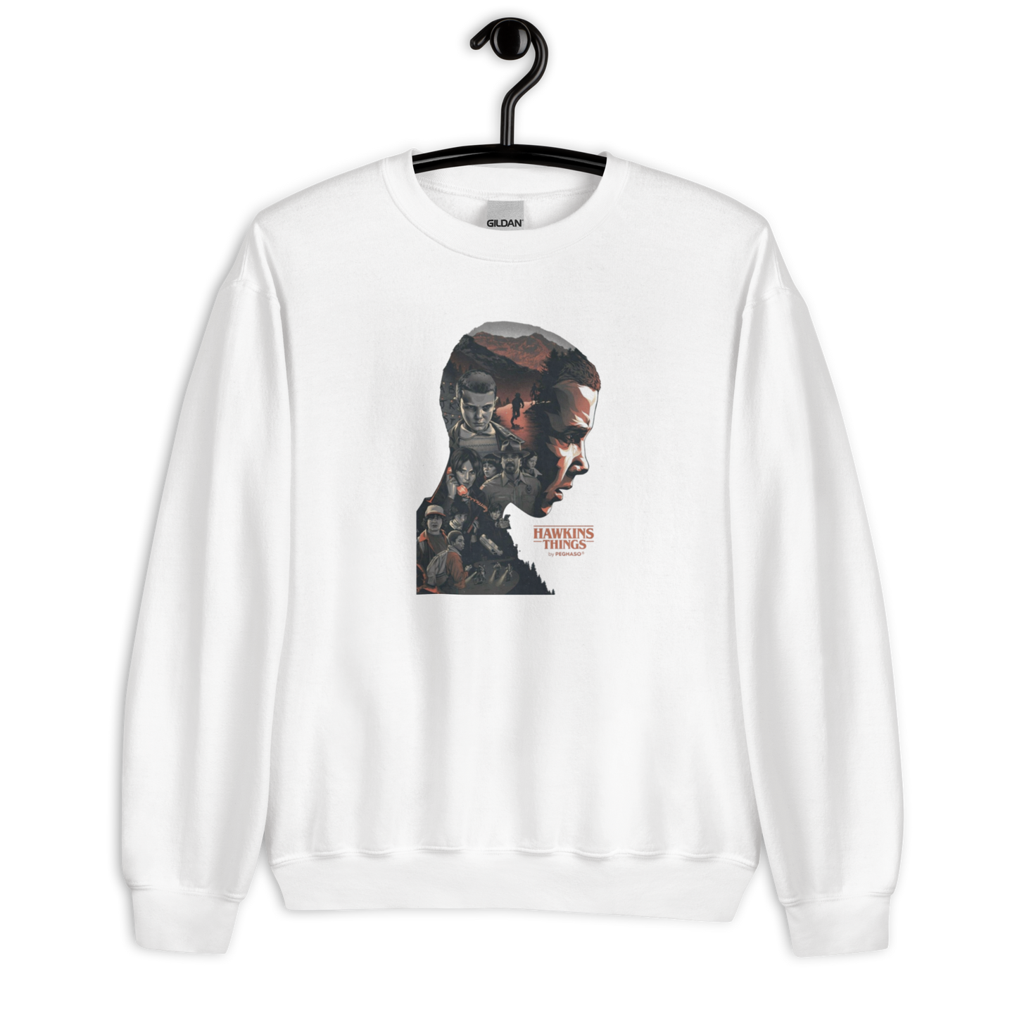 Prenda sudadera gris blanca premium 011 Once Eleven Stranger things de la colección Hawkins Things by PEGHASO.