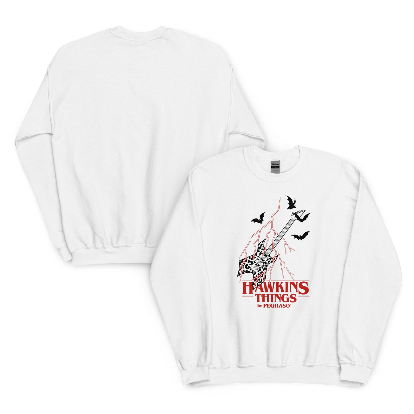 Sudadera blanca con diseño de guitarra de Eddie Munson y rayos, colección Hawkins Things de PEGHASO. Sudadera Eddie Munson de Stranger things