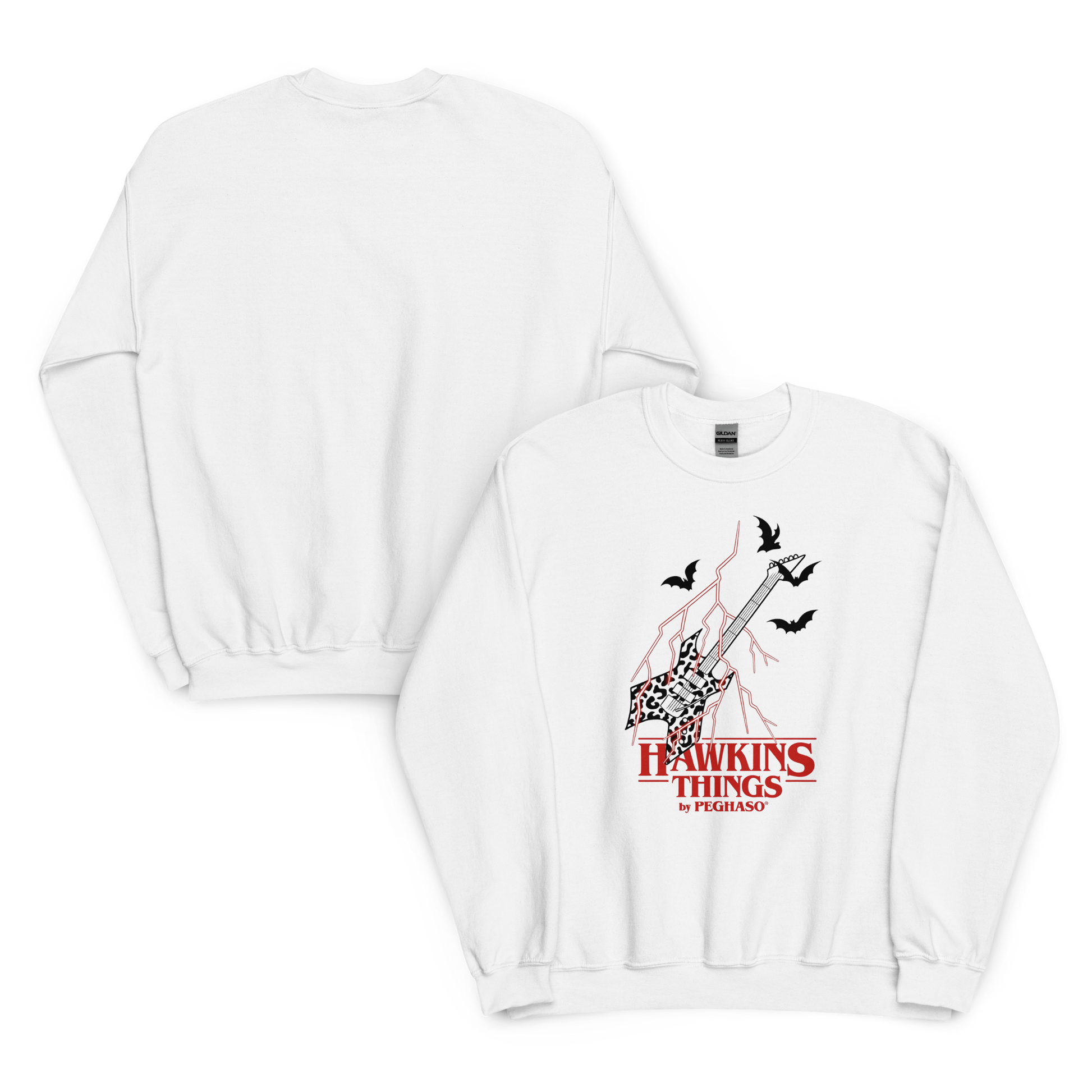 Sudadera blanca con diseño de guitarra de Eddie Munson y rayos, colección Hawkins Things de PEGHASO. Sudadera Eddie Munson de Stranger things