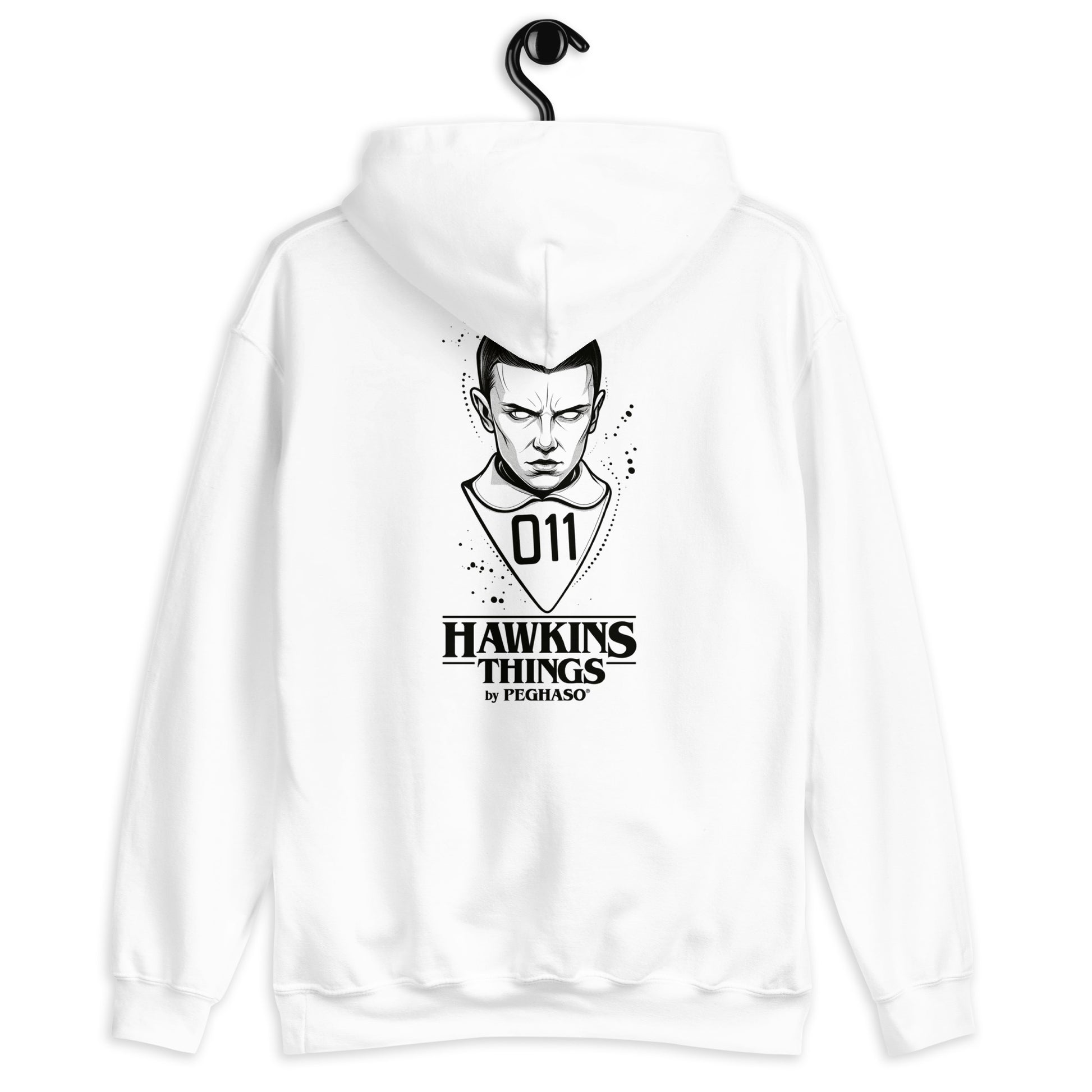 Sudadera con capucha blanca 011 de Once Stranger Things colección Hawkins Things PEGHASO