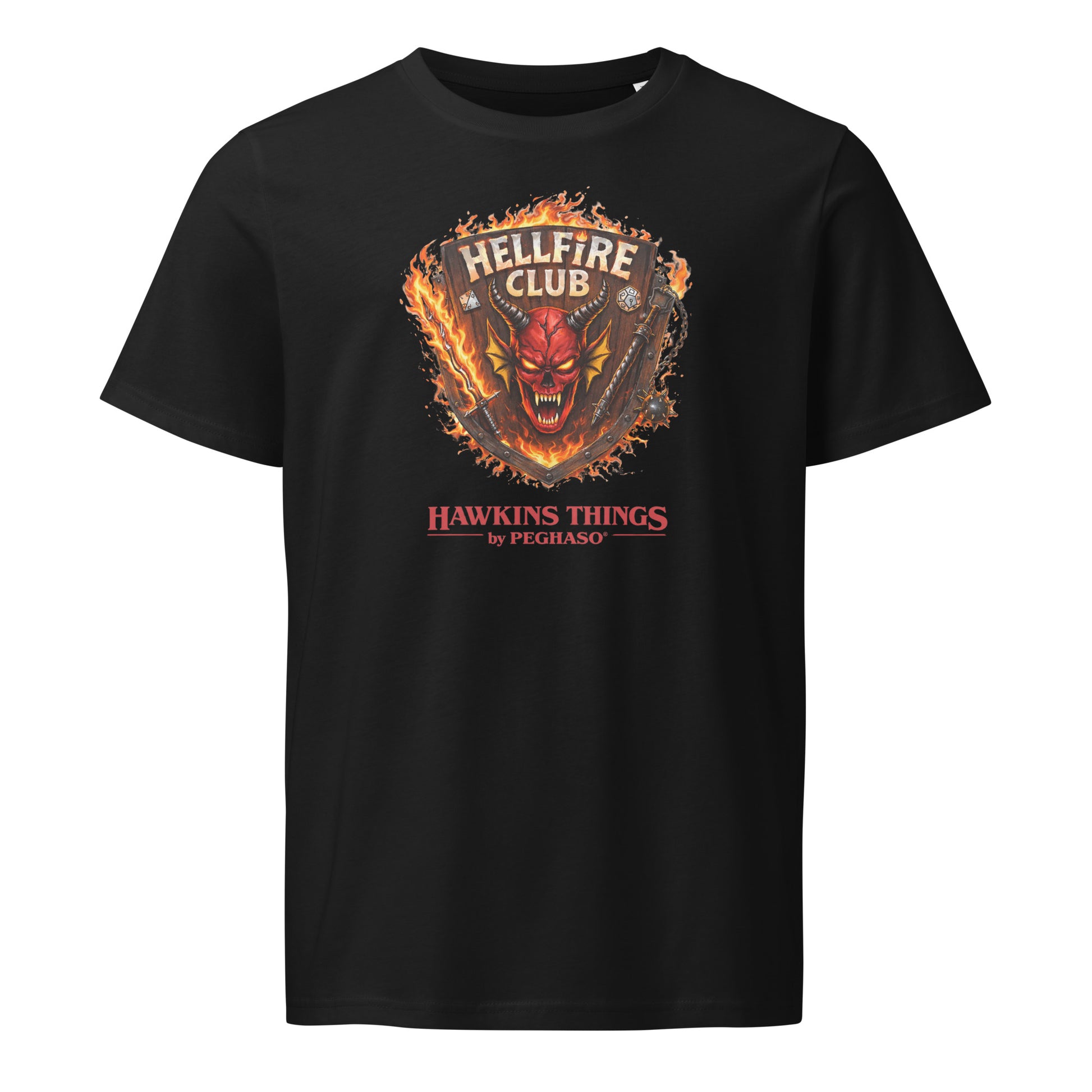 Camiseta negra premium Hellfire Club de la colección Hawkins Things by PEGHASO. Camiseta stranger things.