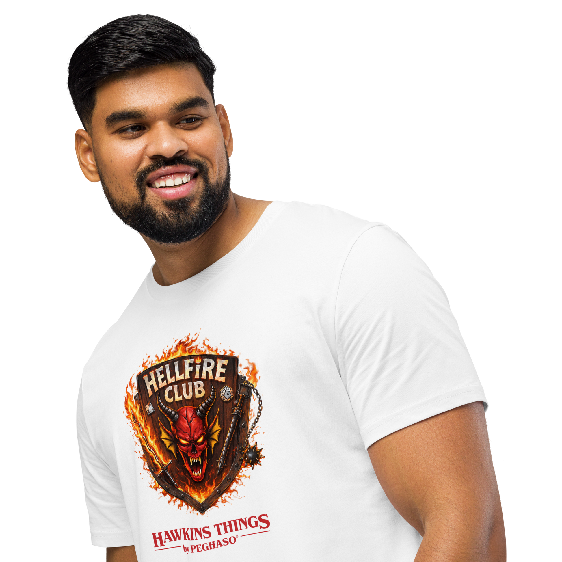 Camiseta blanca premium Hellfire Club de la colección Hawkins Things by PEGHASO. Camiseta stranger things.