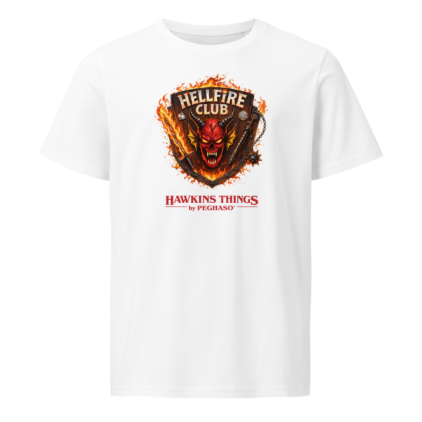 Camiseta blanca premium Hellfire Club de la colección Hawkins Things by PEGHASO. Camiseta stranger things.