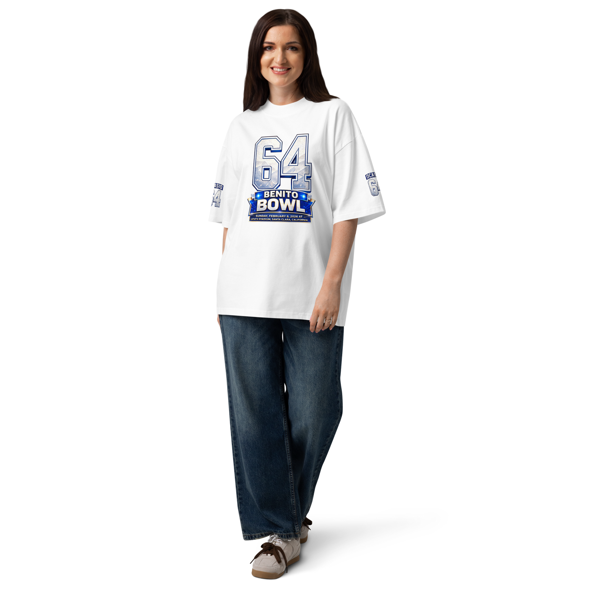 Camiseta blanca Benito Bowl 2026 frontal diseño gráfico 64 Levi's Stadium - camiseta BAD BUNNY