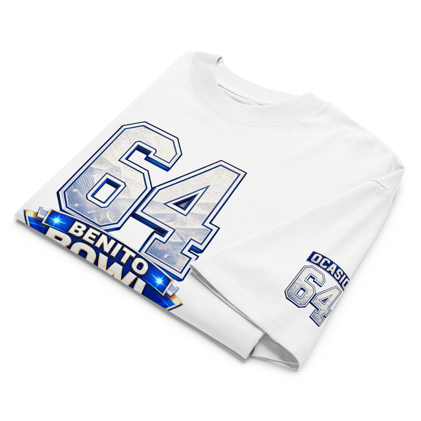 Camiseta blanca Benito Bowl 2026 frontal diseño gráfico 64 Levi's Stadium - camiseta BAD BUNNY